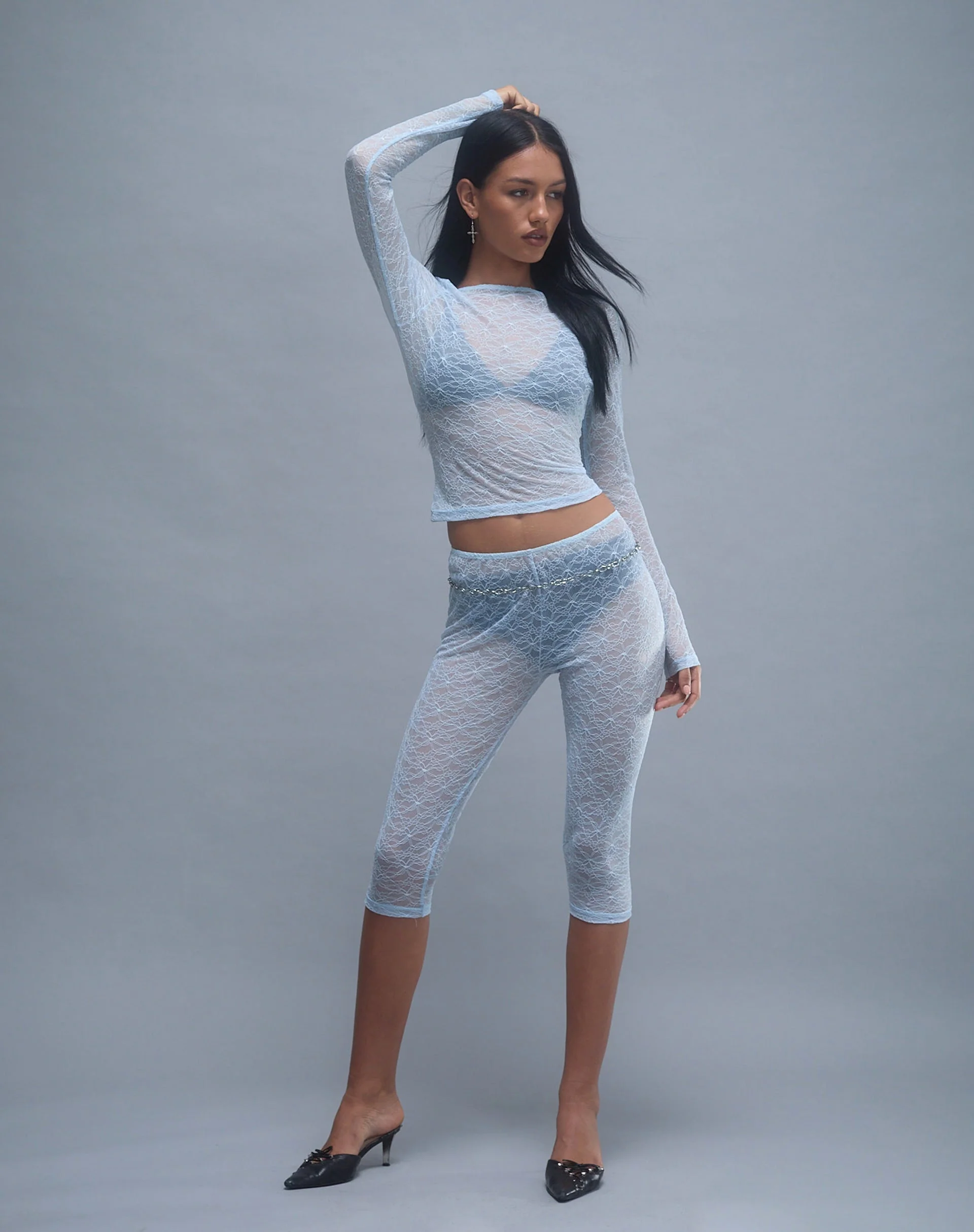Kalima Lace Cropped Capri Trouser in Baby Blue - Image 5