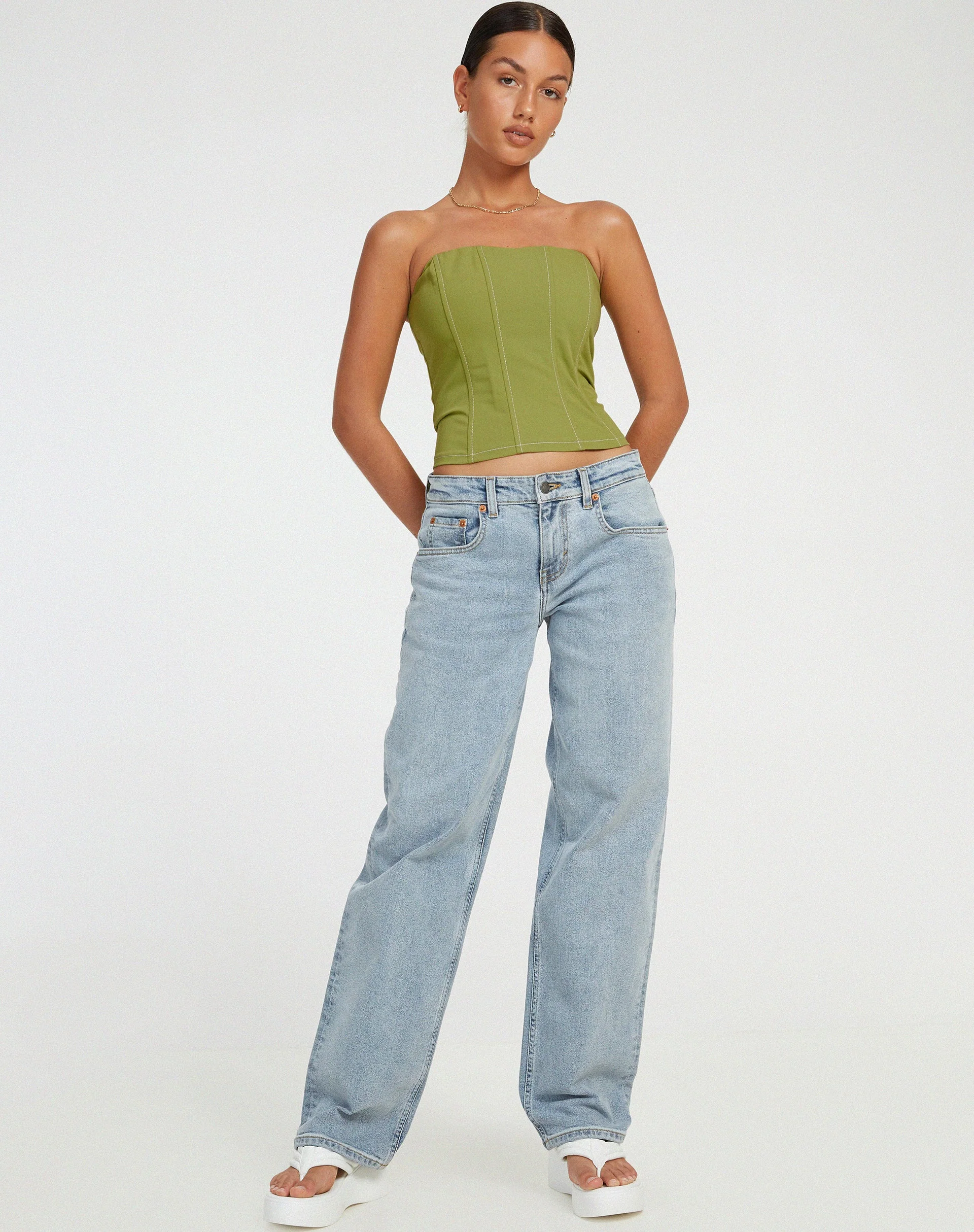 Kansa Corset Top in Pear Green with White Stitch - Image 3