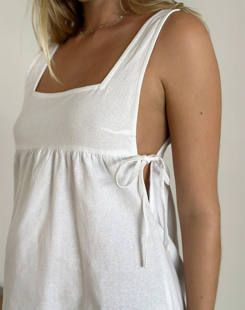 Kawase Tie Side Mini Dress in Linen White - Image 3