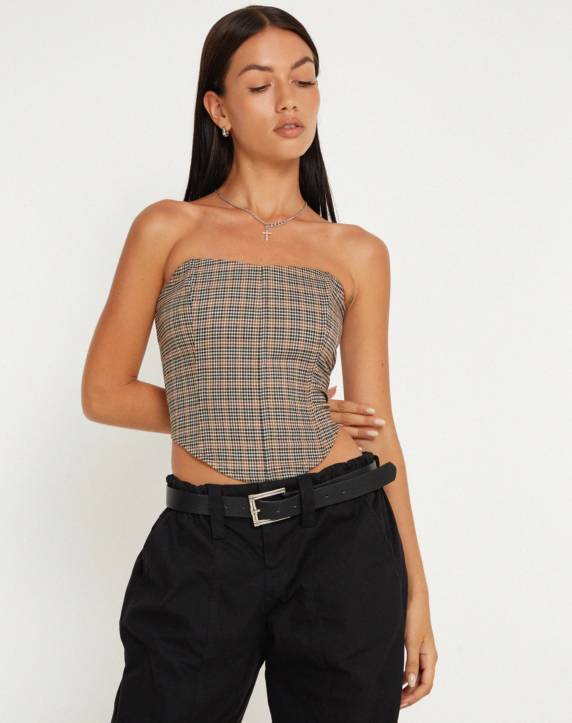 Kayashi Corset Top in Micro Brown Check - Image 2