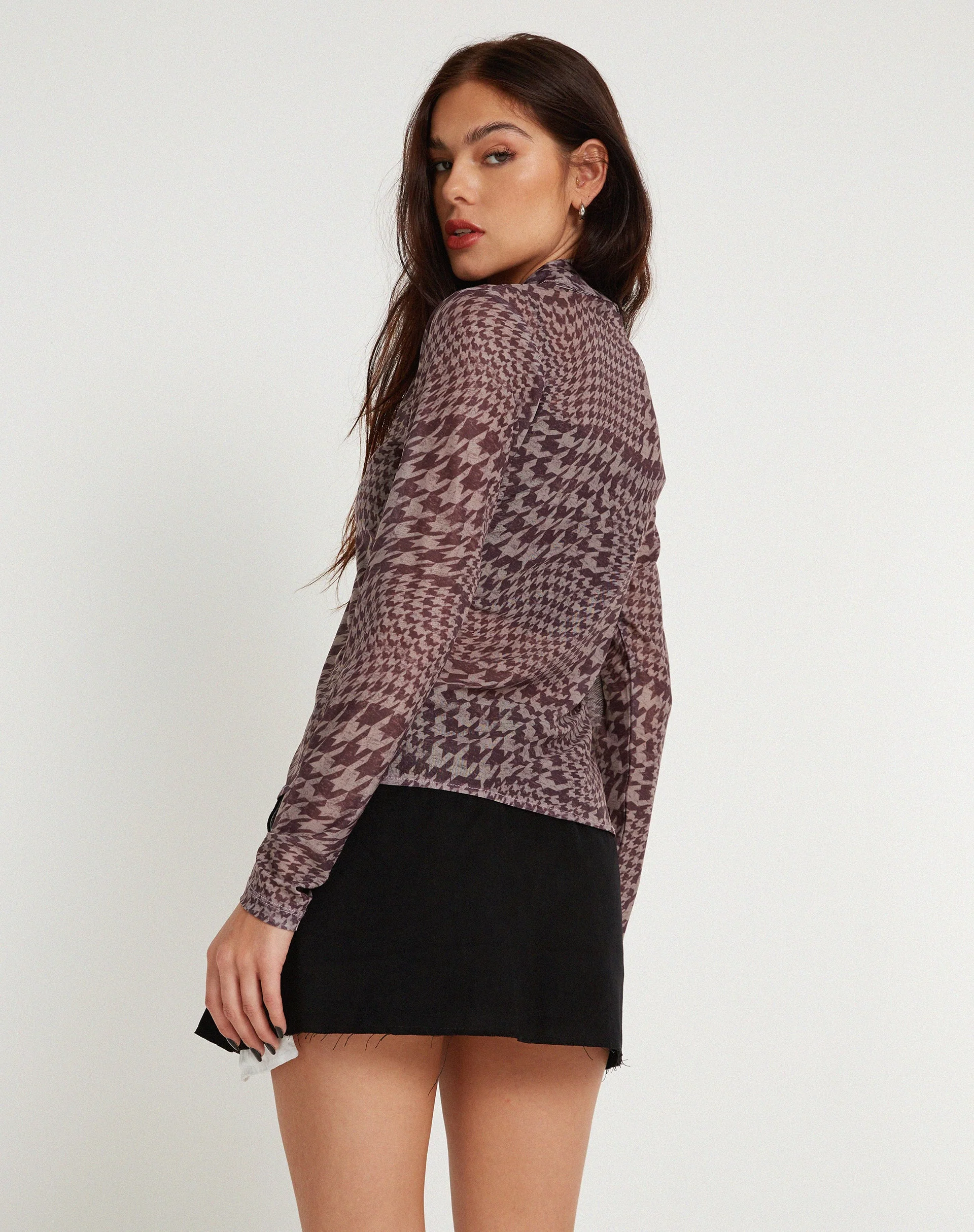Keanu Printed Mesh Shirt in Warped Houndstooth Brown - Image 2