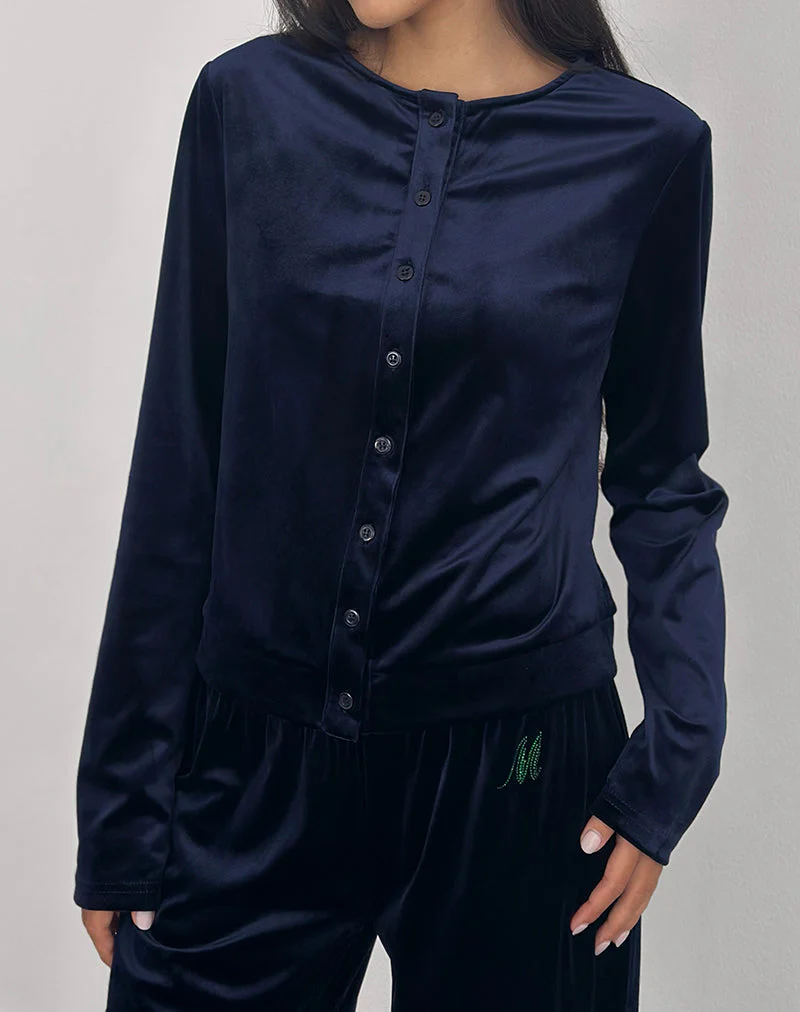 Kellen Button Up Cardigan in Velour Navy - Image 2