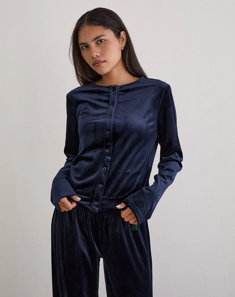Kellen Button Up Cardigan in Velour Navy - Image 3