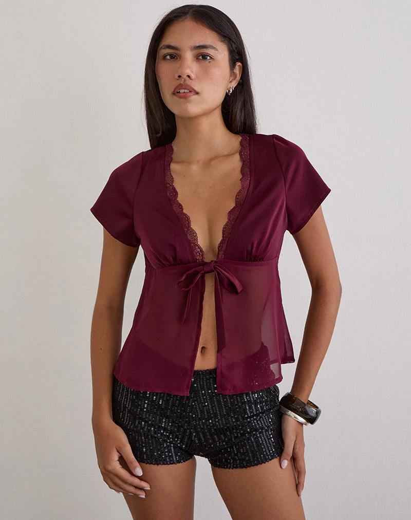 Kilu Top in Satin Chiffon Burgundy - Image 2