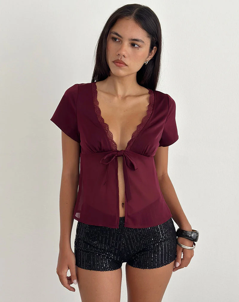 Kilu Top in Satin Chiffon Burgundy - Image 4