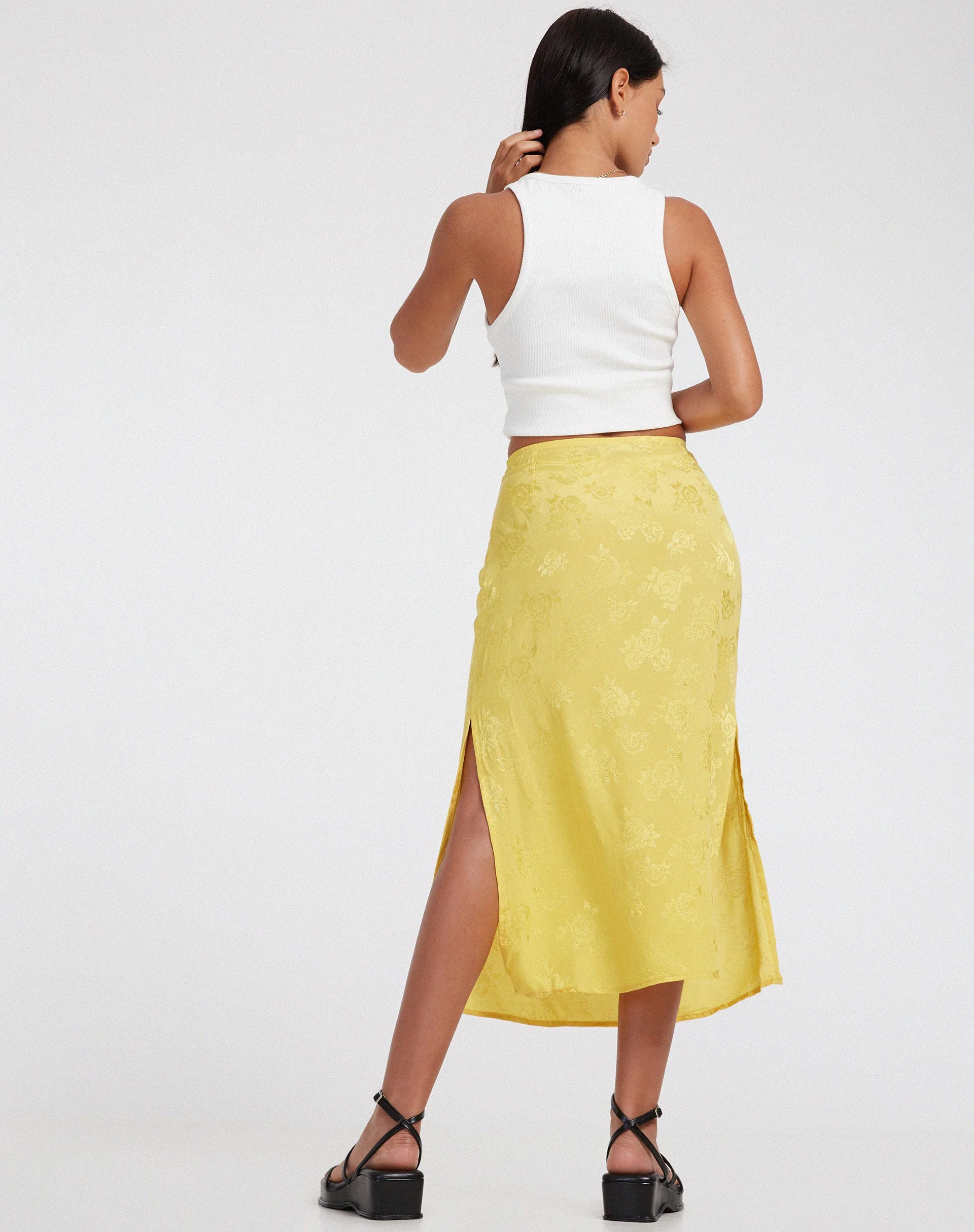 Kindra Midi Skirt in Satin Rose Sunshine Yellow - Image 2