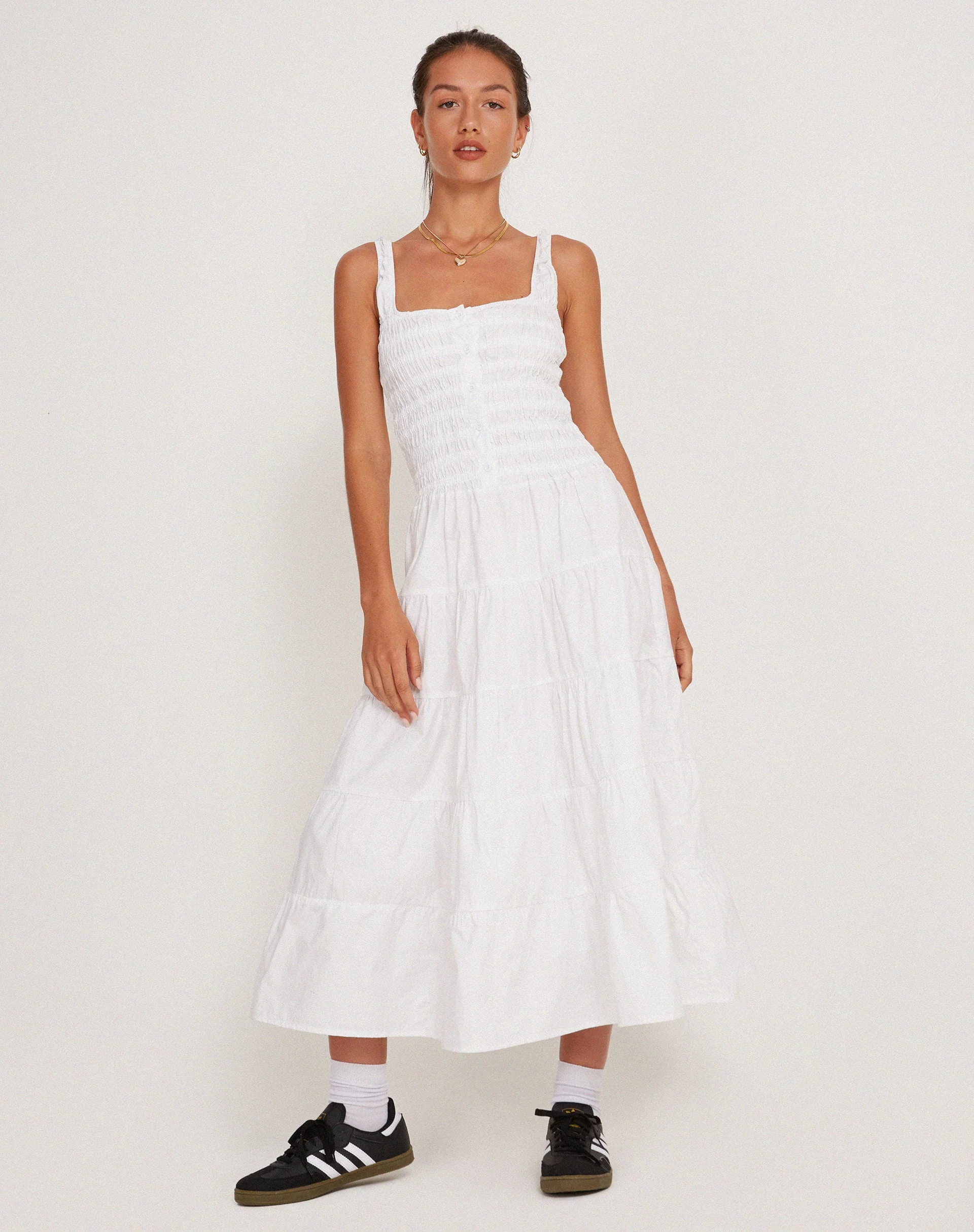 Koizumi Tiered Midi Dress in Poplin White - Image 7