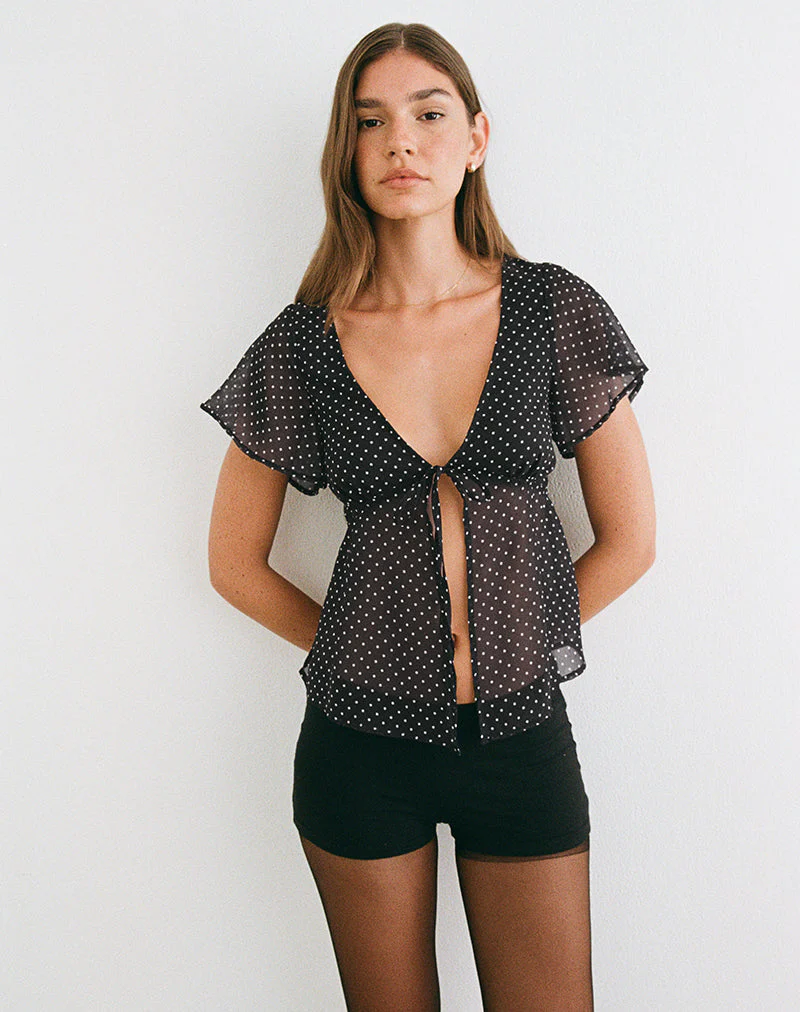 Kota Chiffon Blouse in Black with Micro Polka Print - Image 2