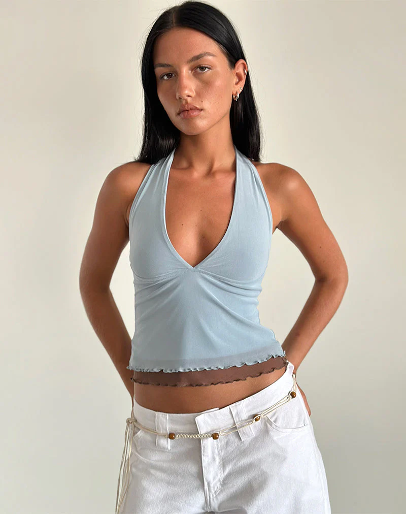Kubra Halter Top in Mesh Light Blue and Brown - Image 2
