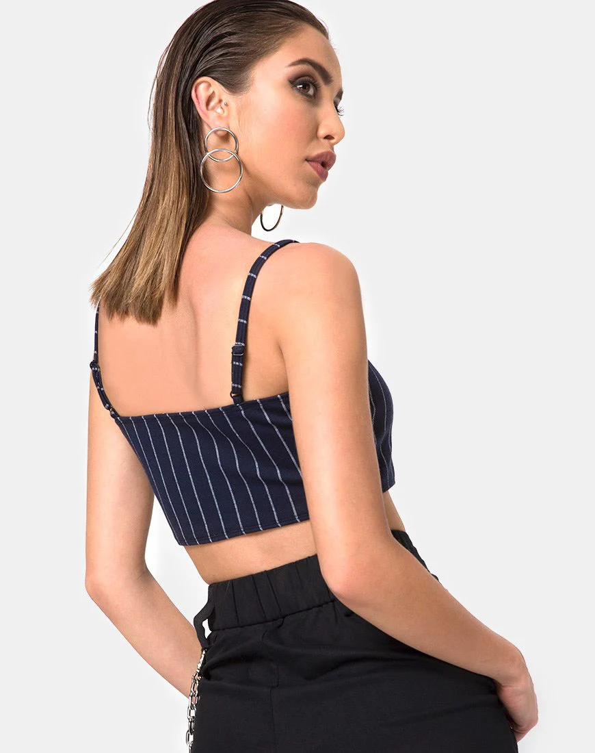 Kyga Crop Top In Navy Pinstripe - Image 2