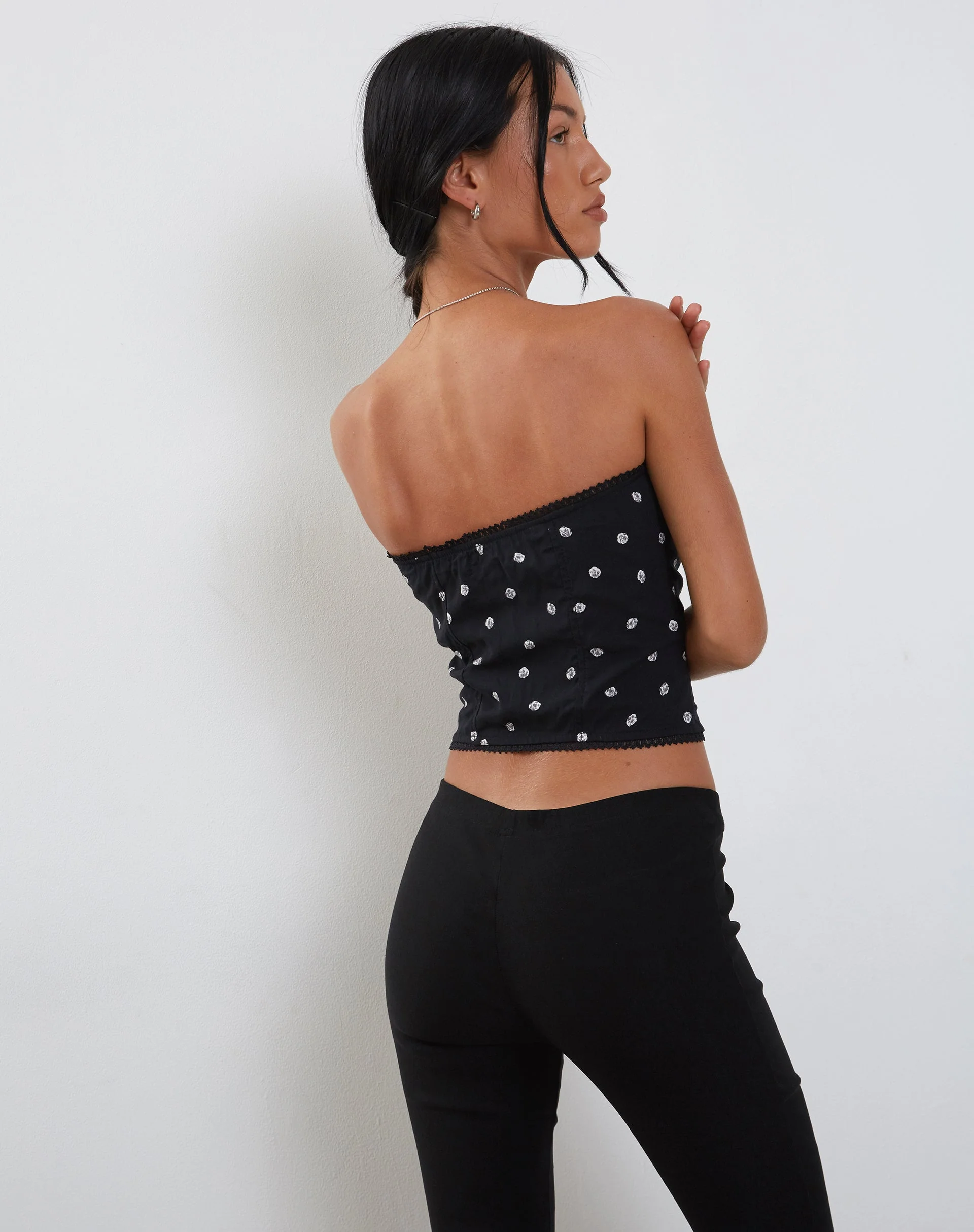 Lacey Button Front Corset Top in Ditsy Rose Black - Image 4