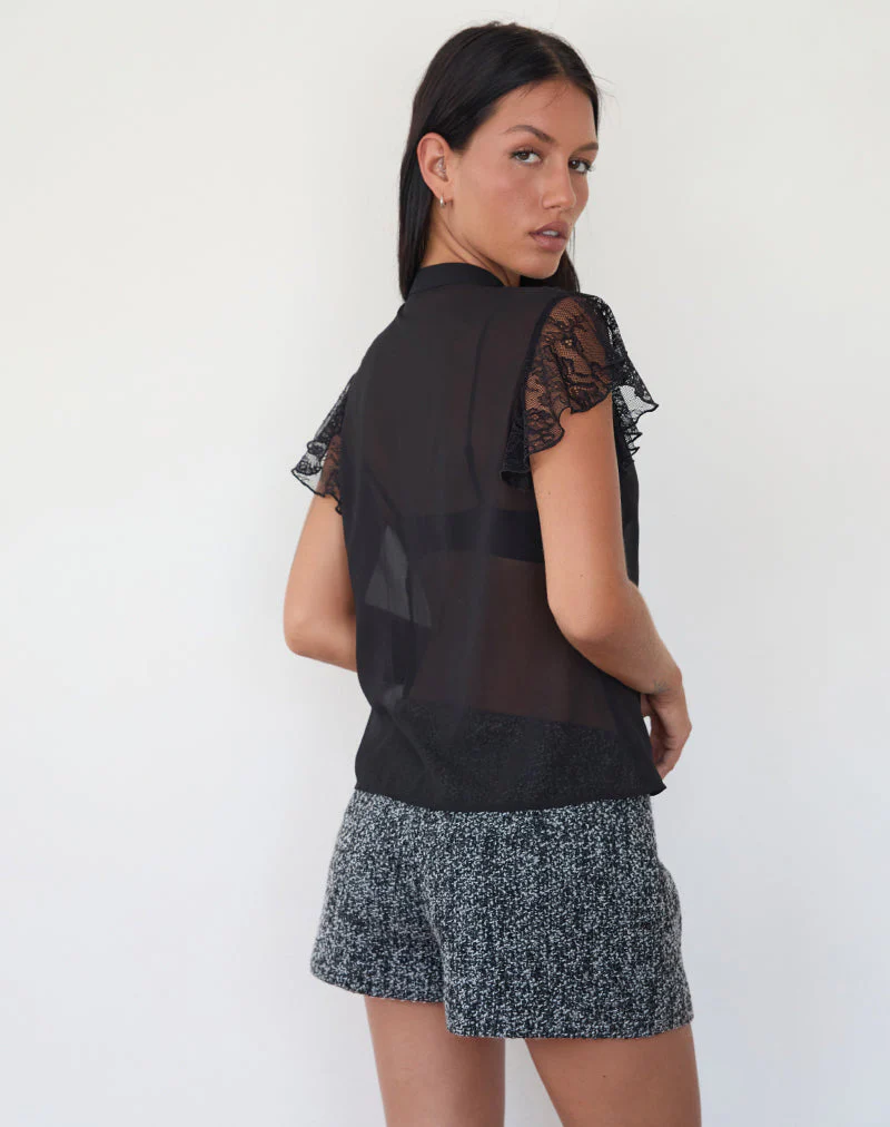 Lada Blouse in Black Chiffon with Lace Trim - Image 3