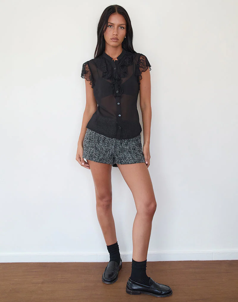 Lada Blouse in Black Chiffon with Lace Trim - Image 4