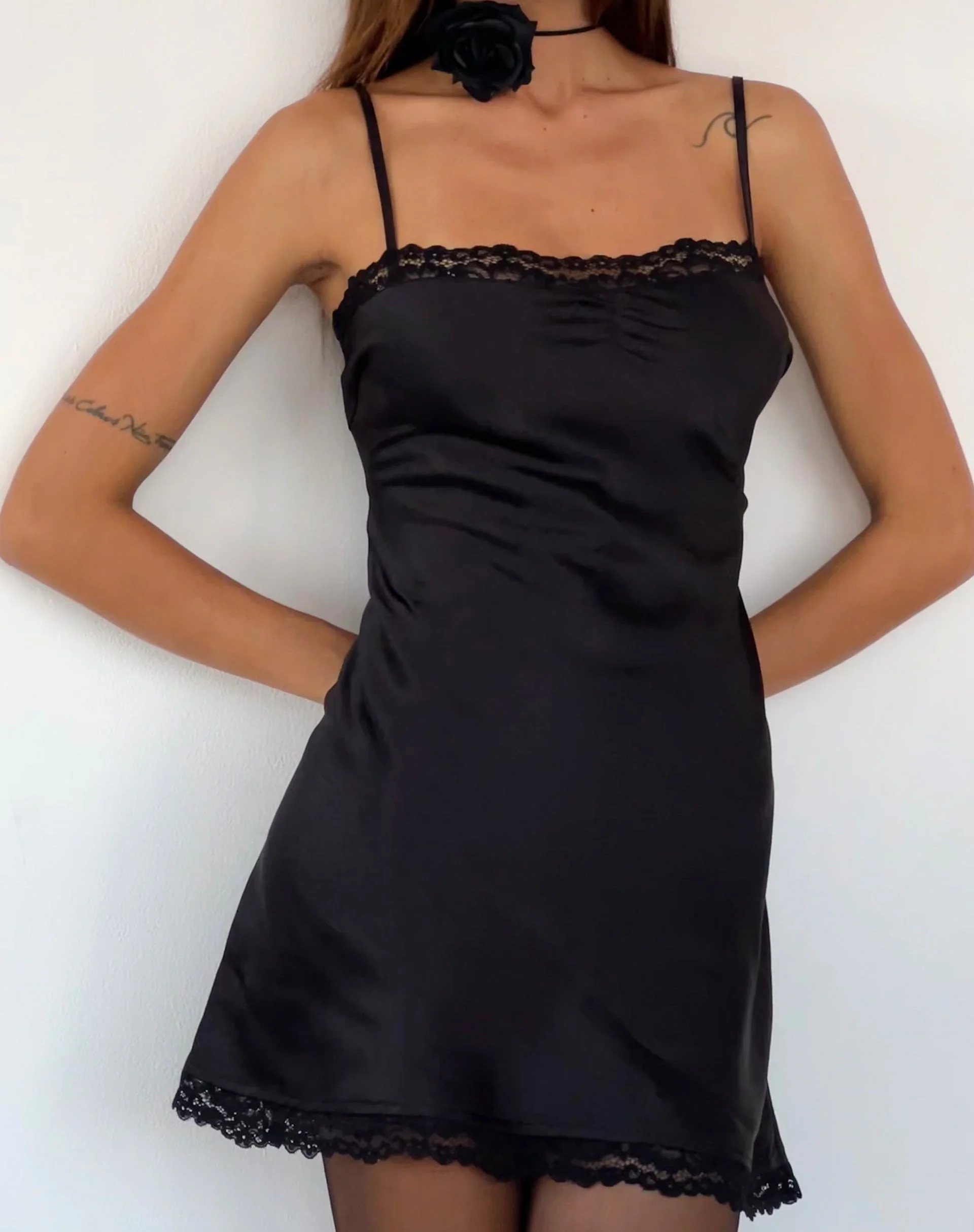 Larna Lace Trim Satin Mini Dress in Black - Image 2