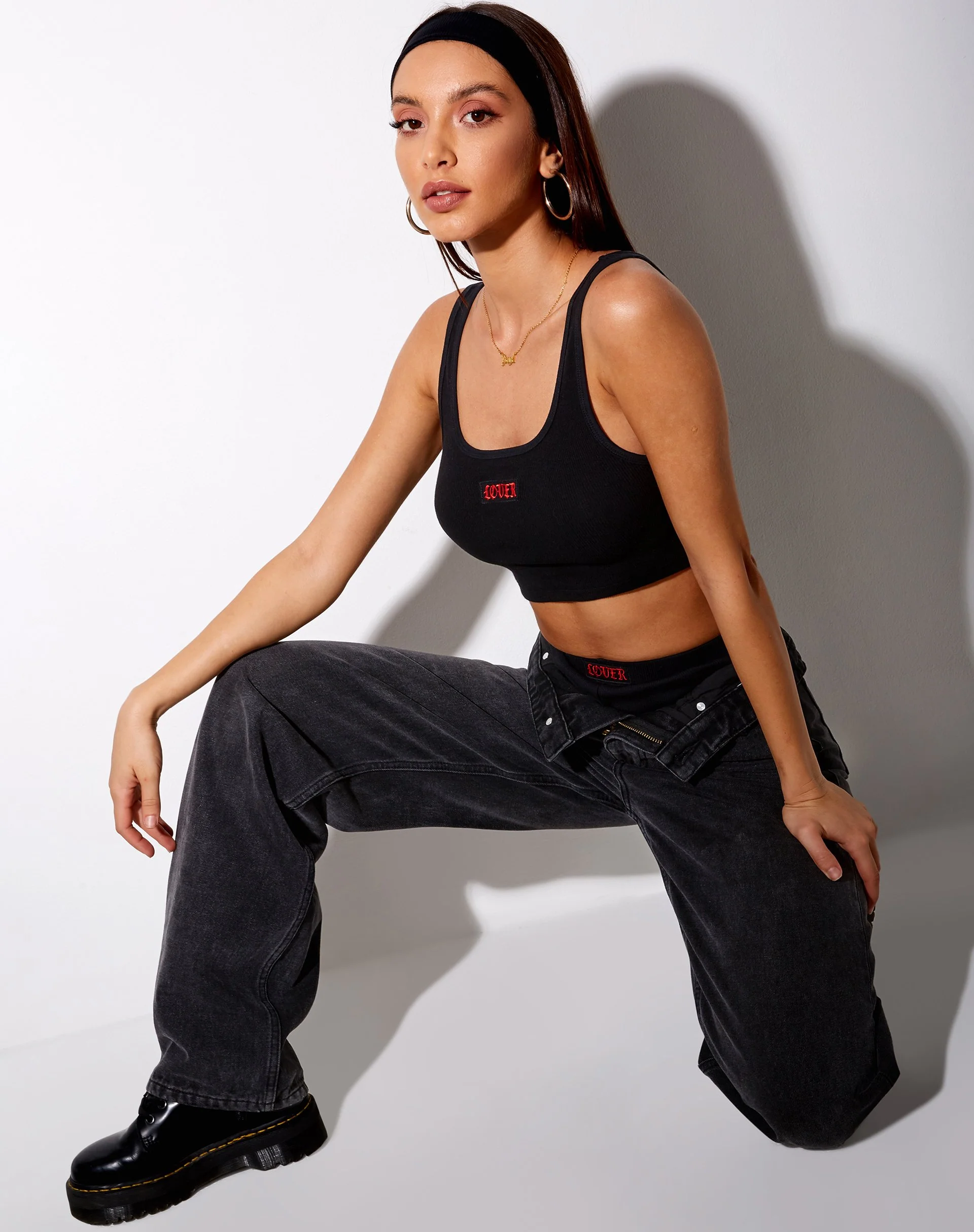 Lathi Crop Top in Rib Black "Lover" Embro