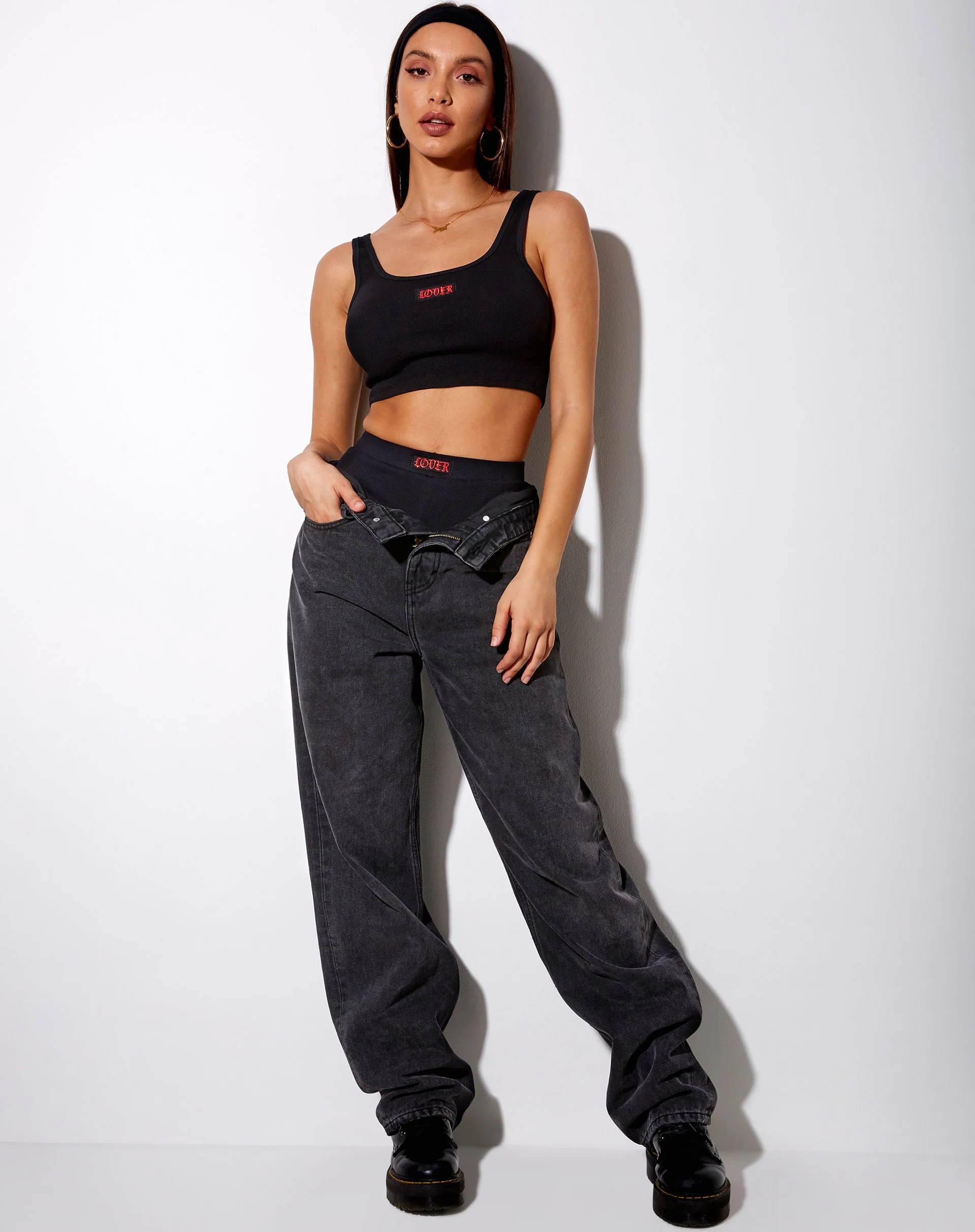 Lathi Crop Top in Rib Black "Lover" Embro - Image 4