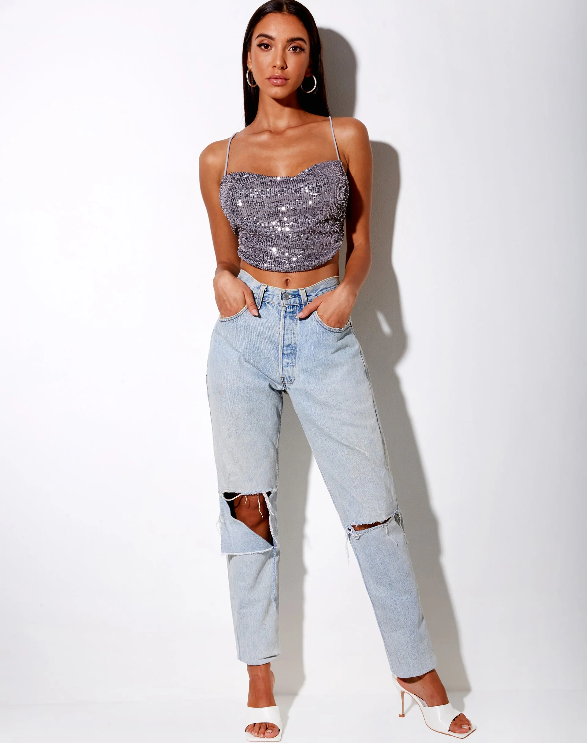 Laxmi Crop Top in Drape Sequin Silver - Image 3