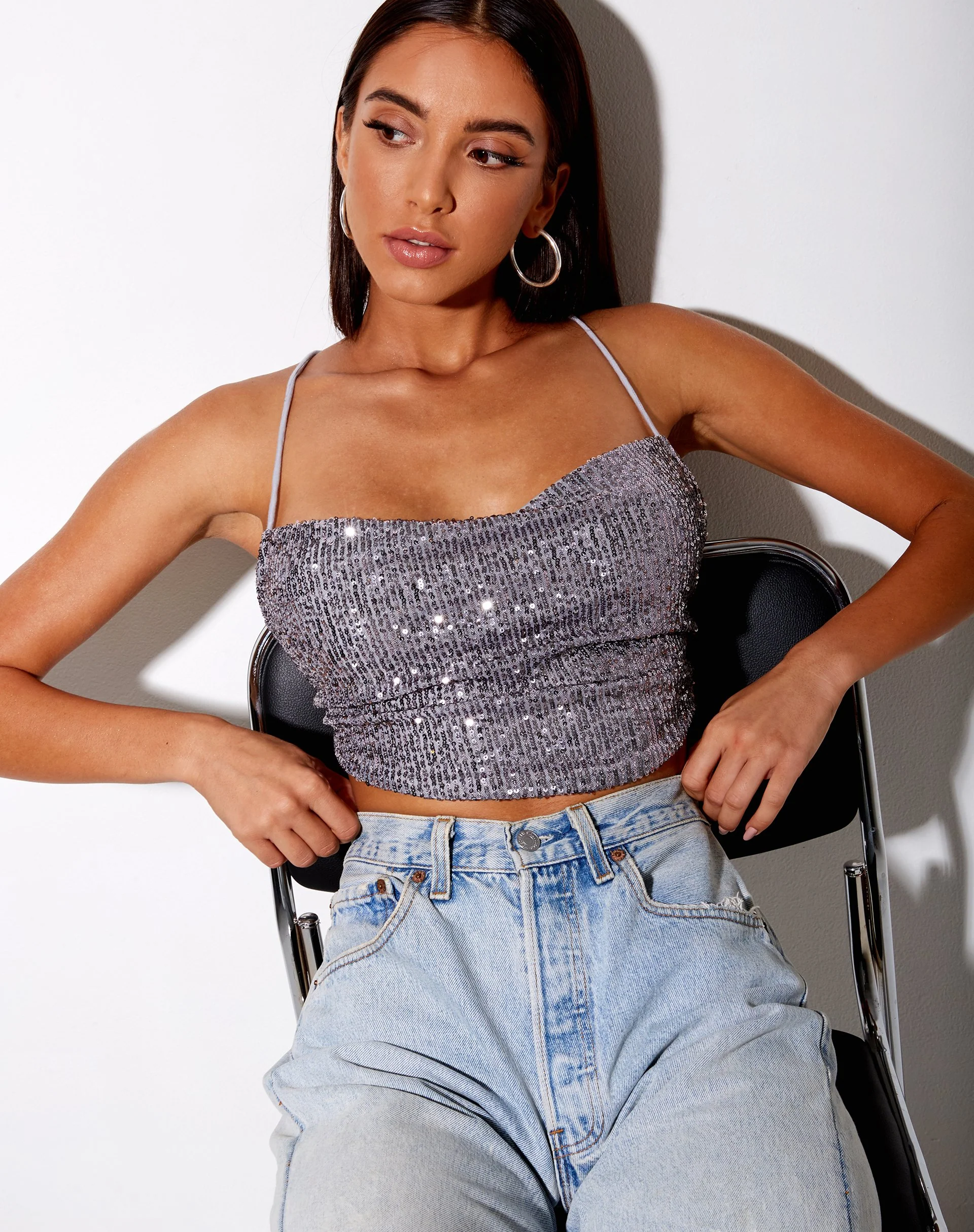 Laxmi Crop Top in Drape Sequin Silver - Image 4