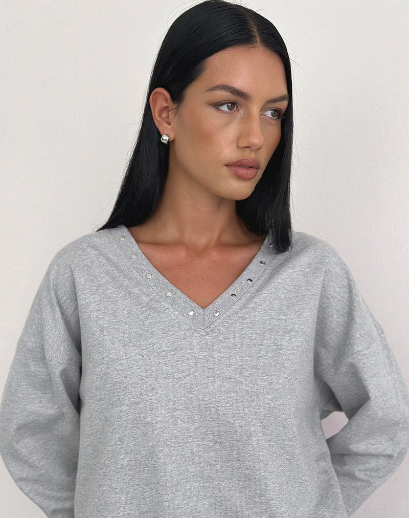 Lazuly Slim Sweatshirt in Grey Marl with Studs - Image 3