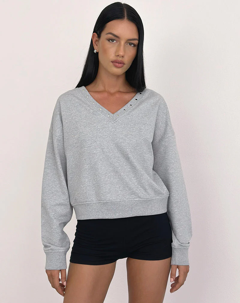 Lazuly Slim Sweatshirt in Grey Marl with Studs - Image 4