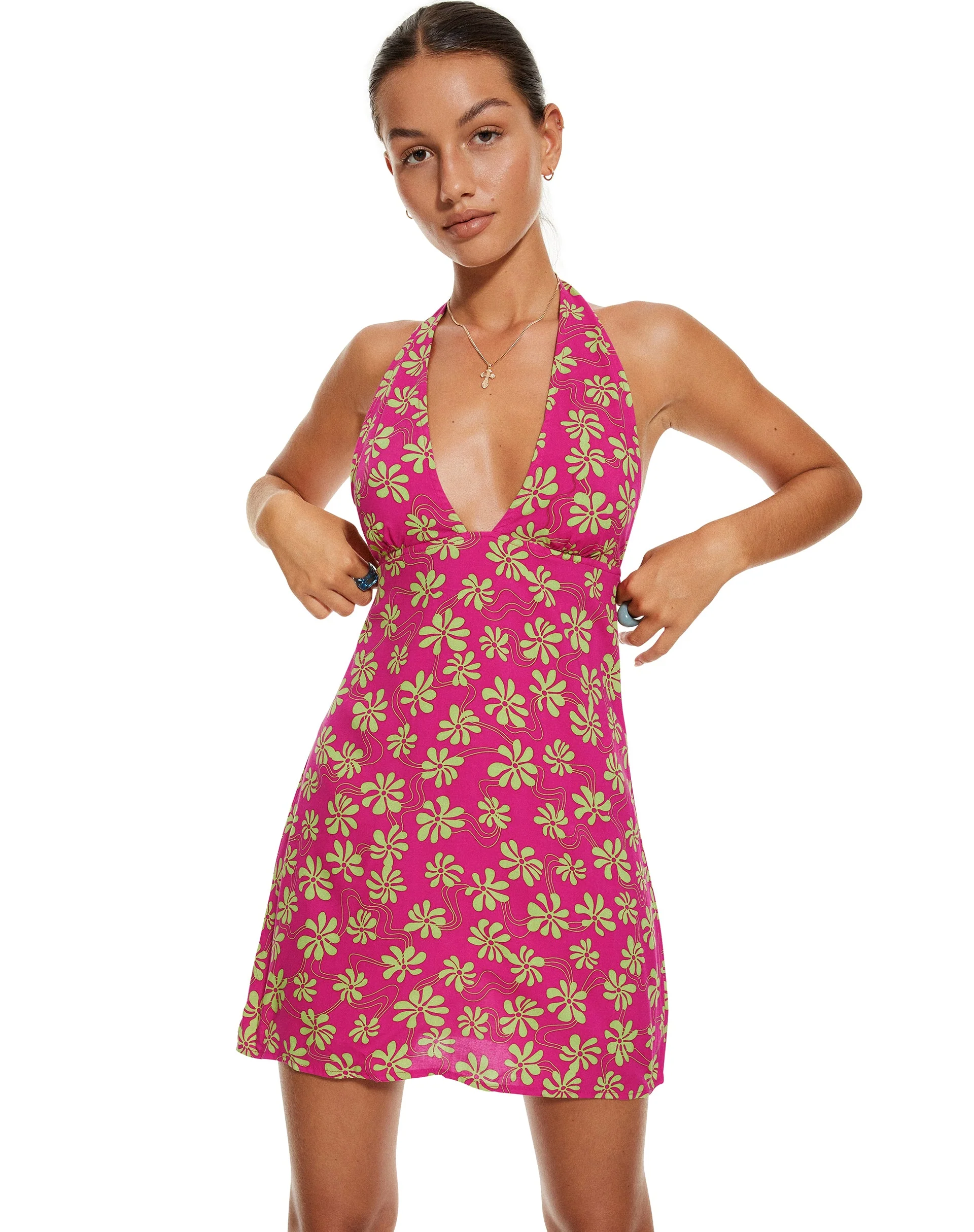 MOTEL X BARBARA Leana Mini Dress in 90s Beachy Floral Hot Pink - Image 4