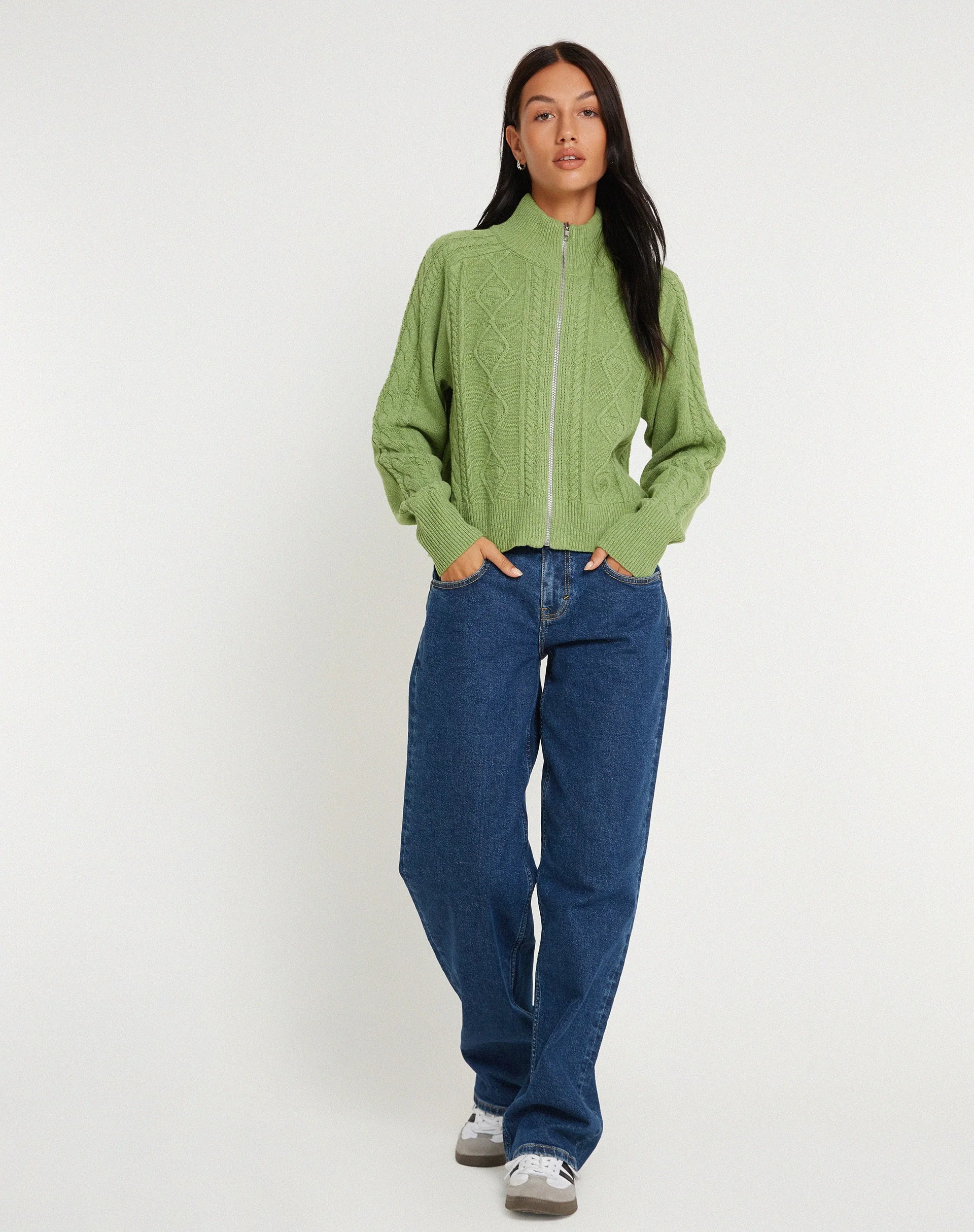 Lemila Knitted Zip Up Jacket in Moss Green - Image 2