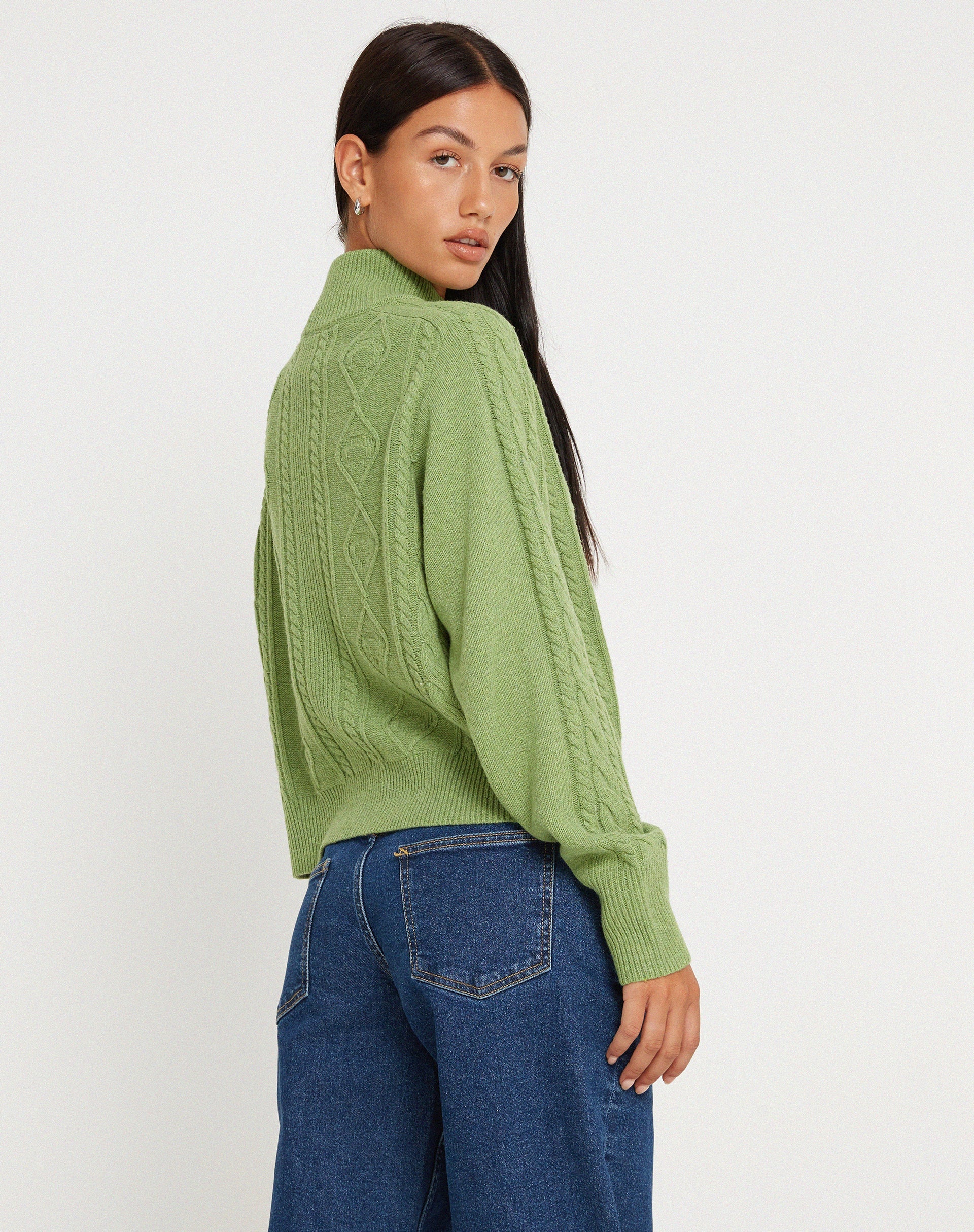 Lemila Knitted Zip Up Jacket in Moss Green - Image 3