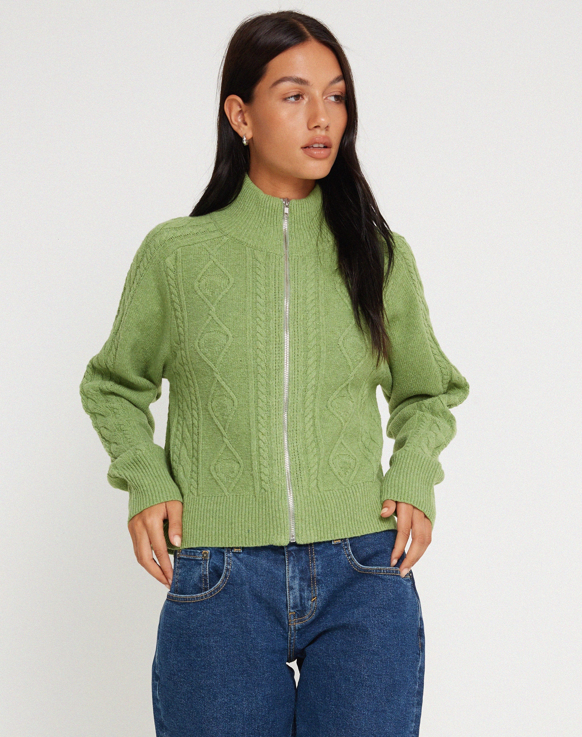 Lemila Knitted Zip Up Jacket in Moss Green - Image 4