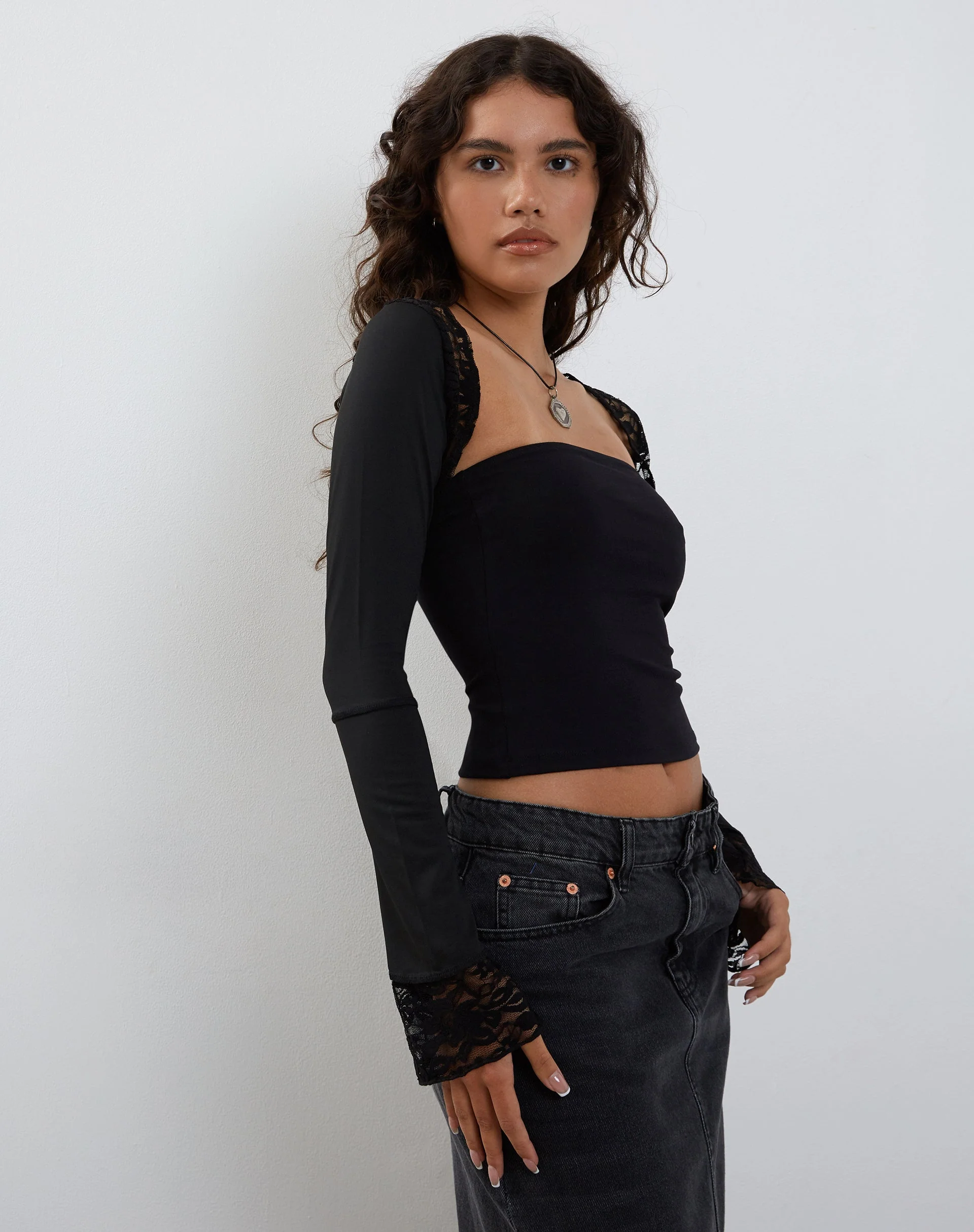 Lenny Lace Shrug Top in Slinky Black with Black Lace Trim - Image 2