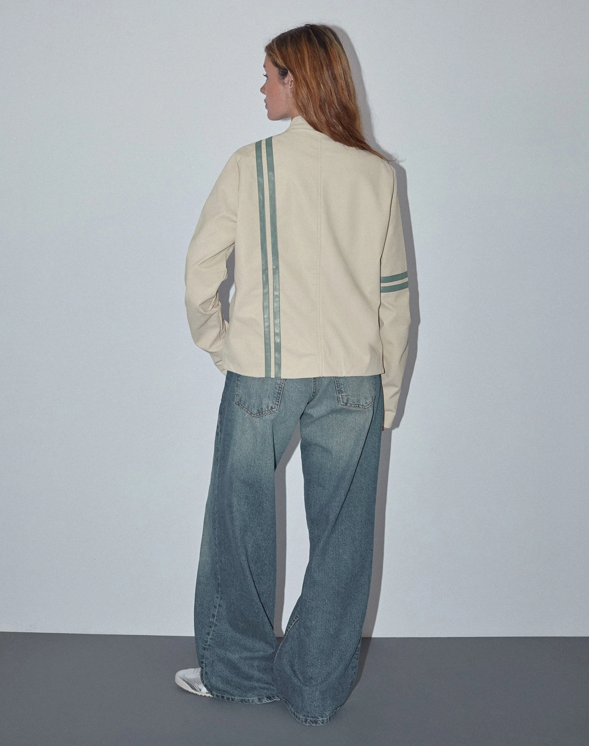 Lewis Jacket in Cream PU with Blue Stripe - Image 2