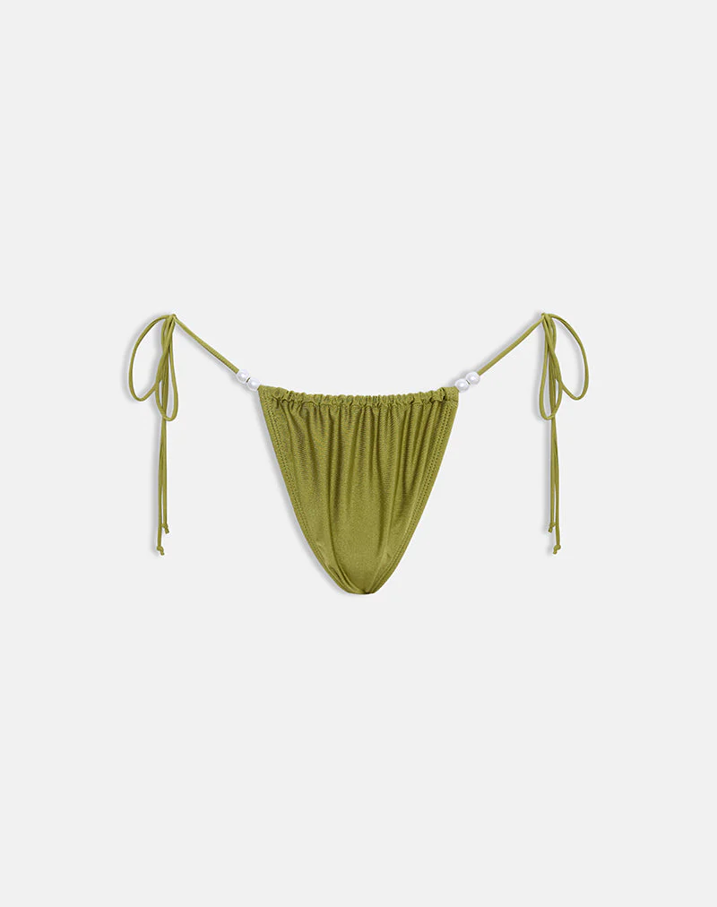 Leyna Bikini Bottom in Olive Shine with Pearl Beads - Image 4