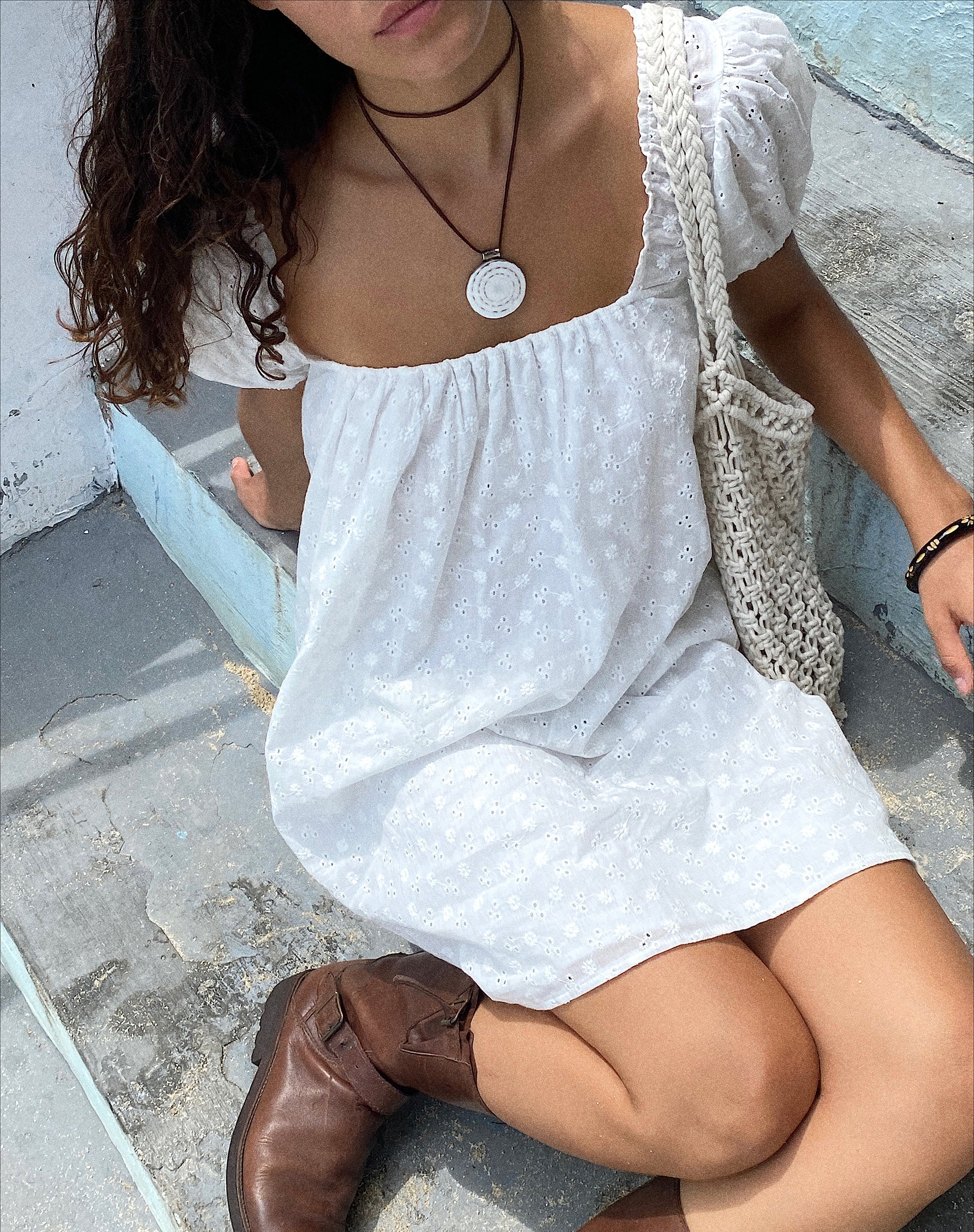 Leyona Broderie Mini Dress in White - Image 2