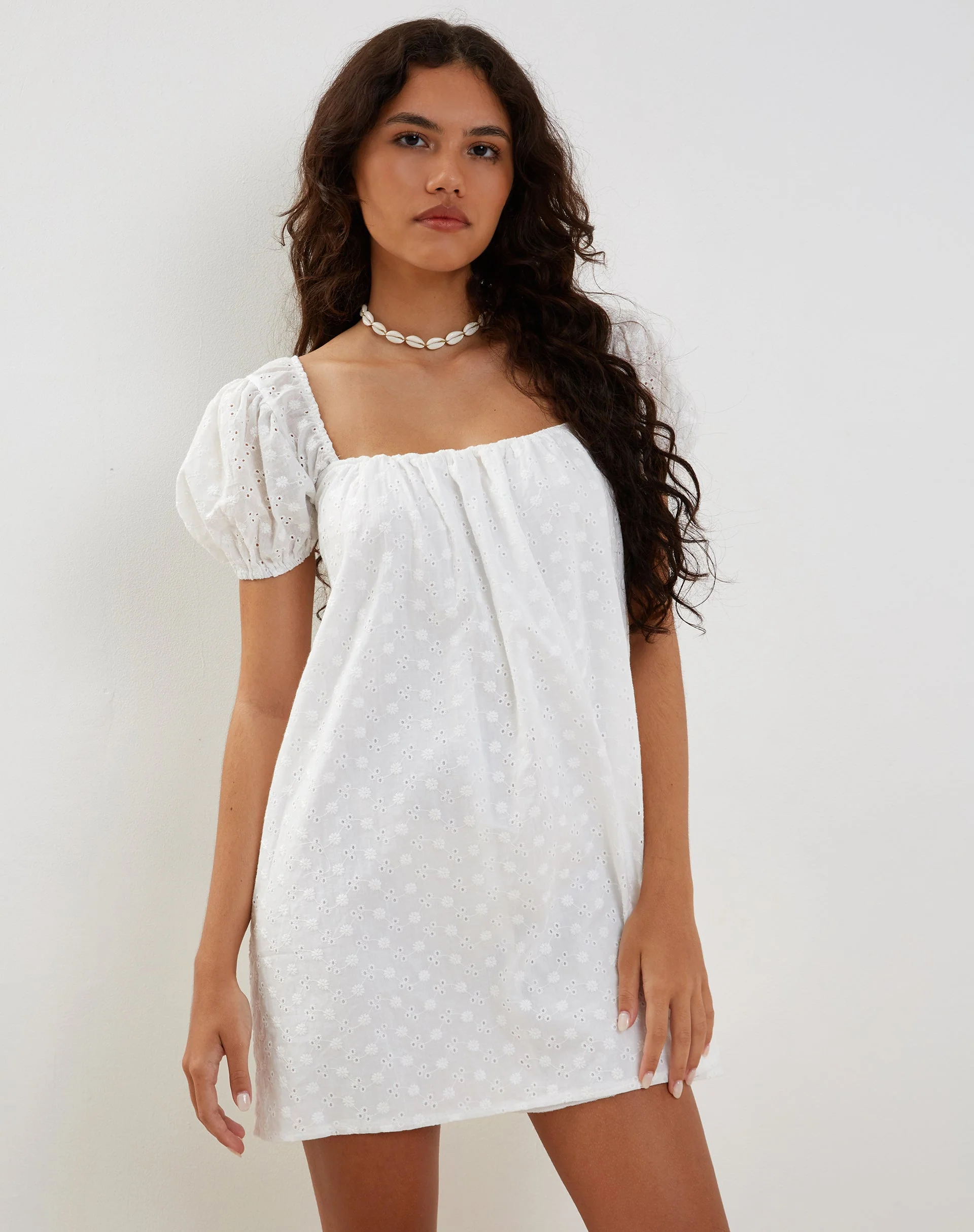 Leyona Broderie Mini Dress in White - Image 5