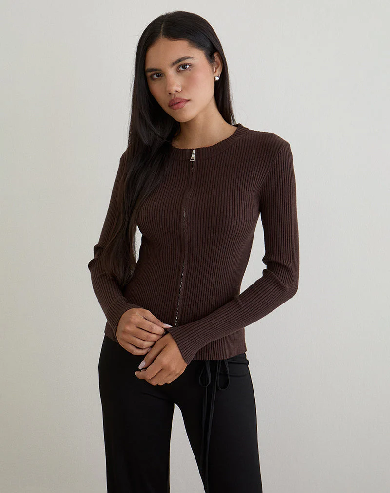 Liano Zip Cardigan in Rib Knit Brown - Image 3