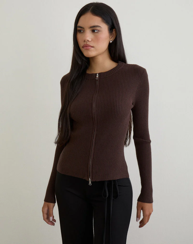 Liano Zip Cardigan in Rib Knit Brown - Image 4