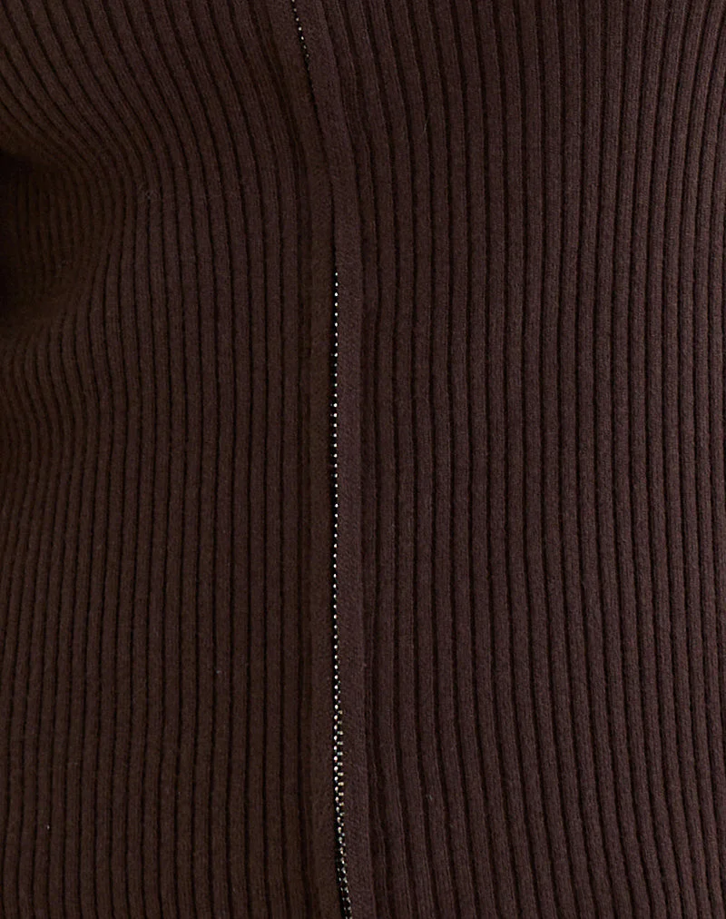 Liano Zip Cardigan in Rib Knit Brown - Image 6