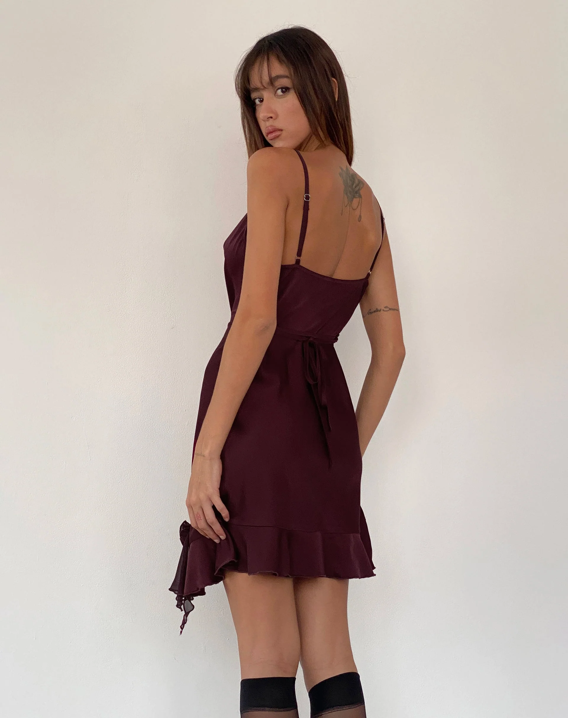 Litera Ruffle Mini Dress in Deep Plum with Rosette - Image 5