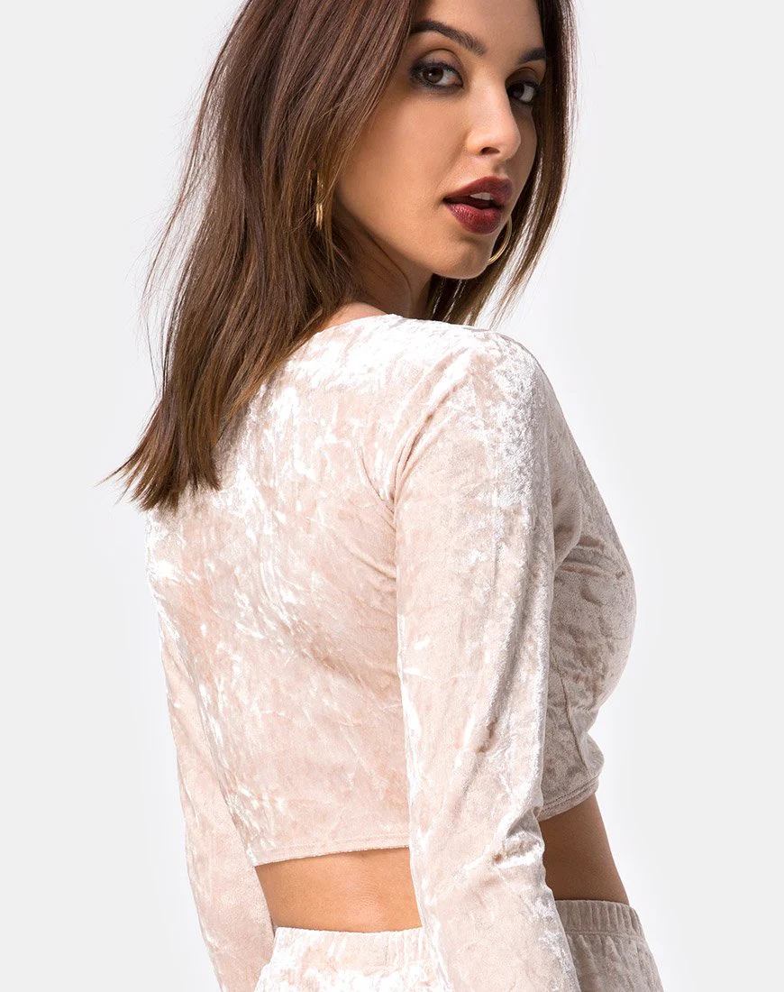 Lorya Crop Top in Cream Crushed Velvet - Image 2