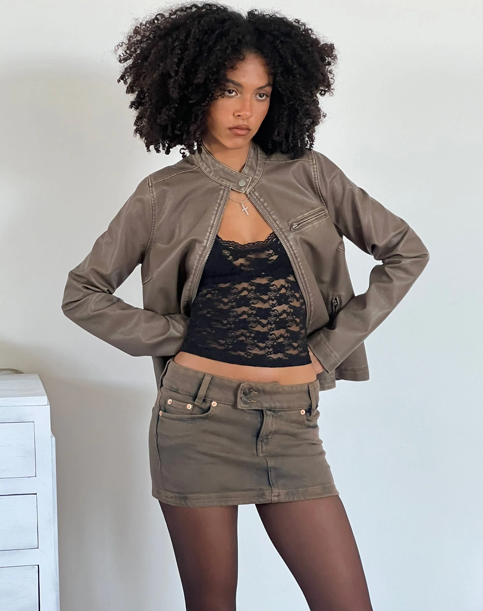 Low Rise Denim Mini Skirt in Sand - Image 3