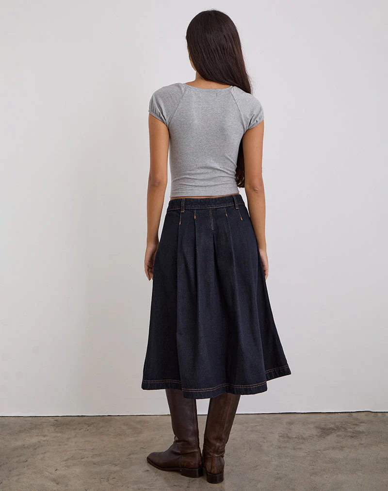 Pleated Midi Denim Skirt in Indigo - Image 6