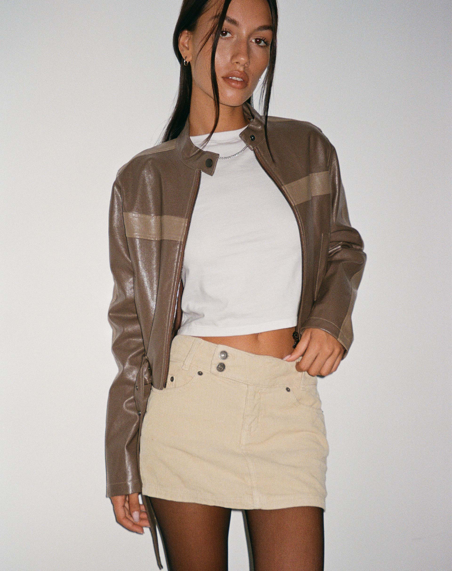 Low Rise Mini Skirt in Cord Light Tan - Image 2