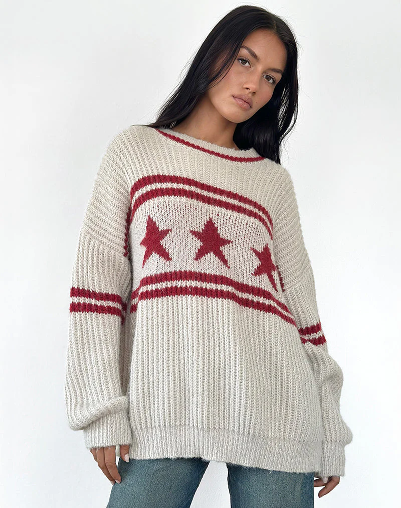 Lulees Oversized Jumper in Oat with Star Stripe - Image 5