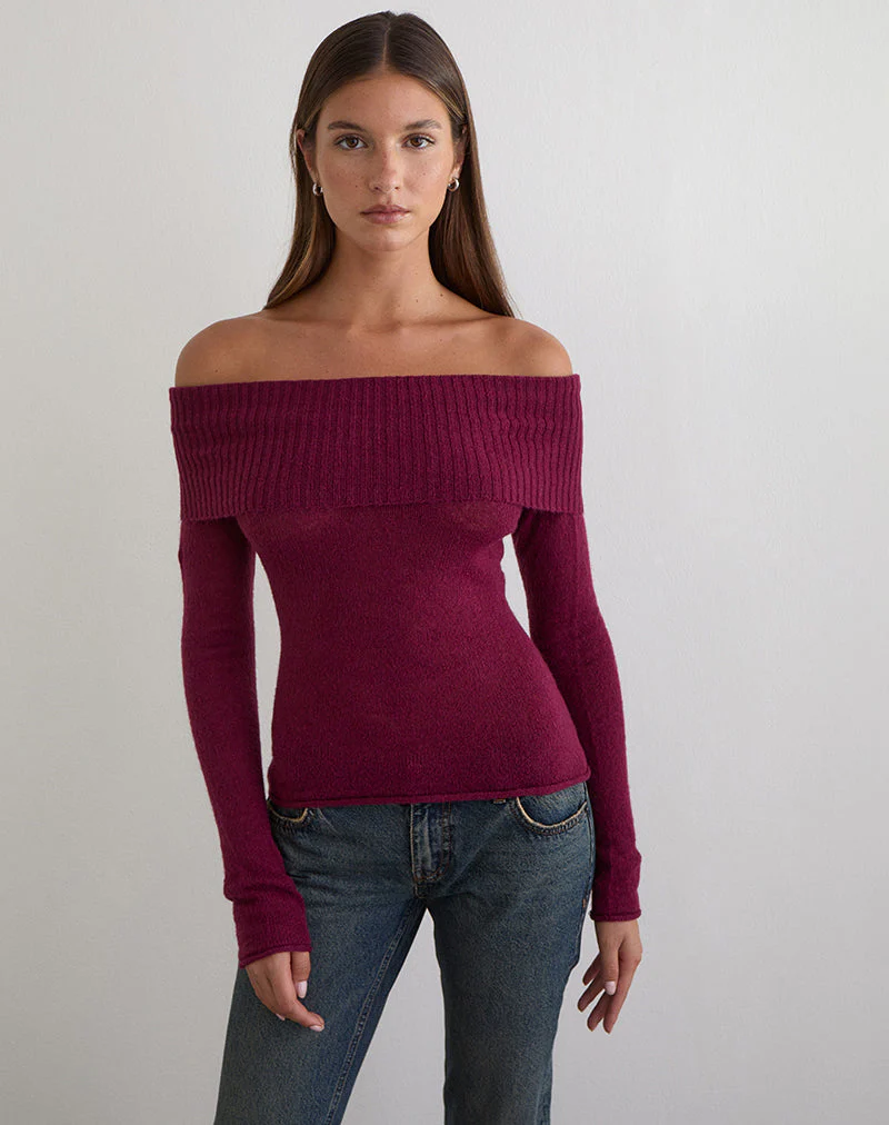 Lune Bardot Jumper in Knit Wine - Image 4