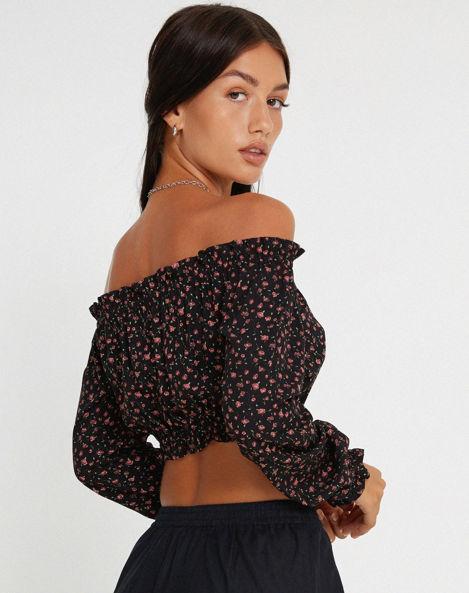 Madley Long Sleeve Bardot Top in Dark Pink Rose Black - Image 2