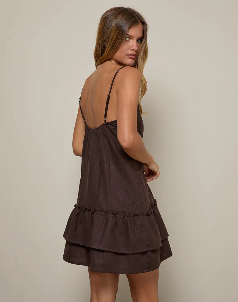 Mailina Linen Button Up Mini Dress in Chocolate Brown - Image 5