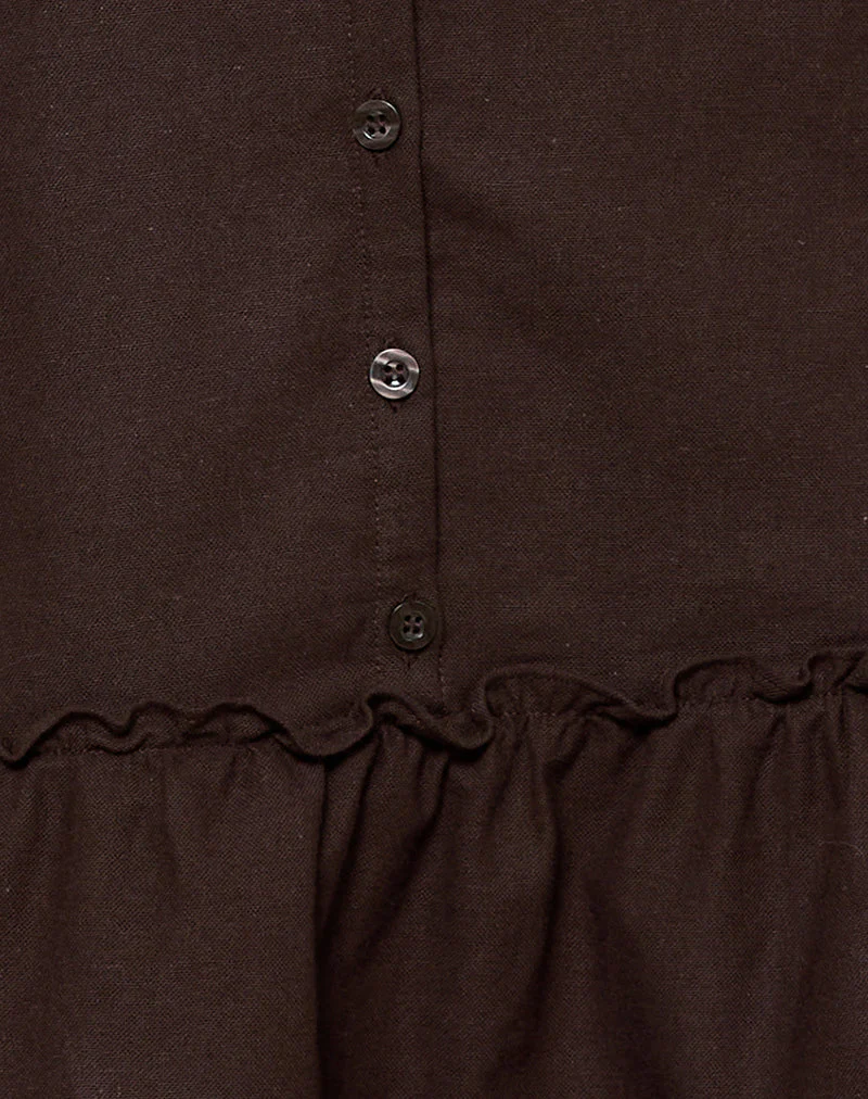 Mailina Linen Button Up Mini Dress in Chocolate Brown - Image 6
