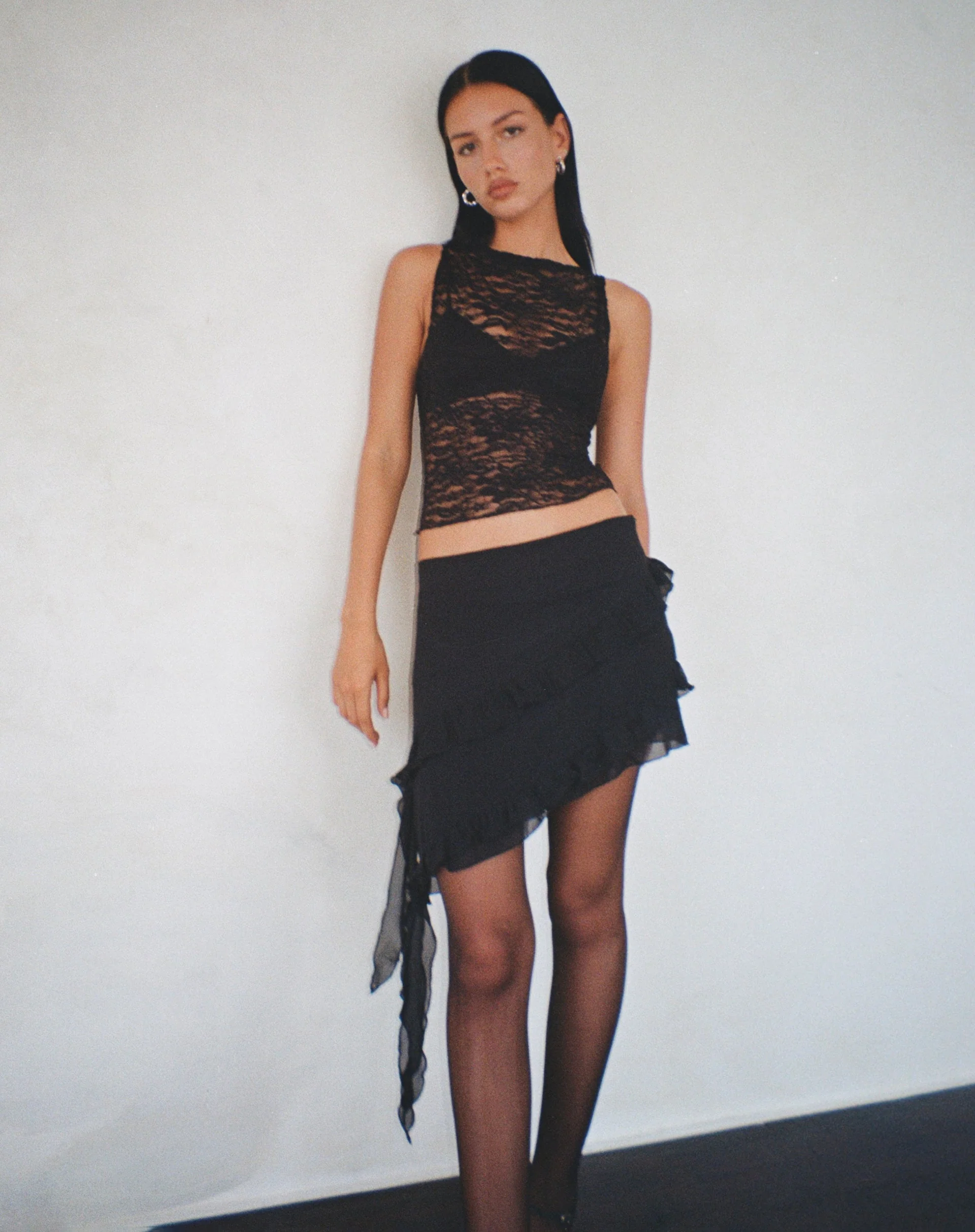Malinna Ruffle Mini Skirt in Black Chiffon - Image 4