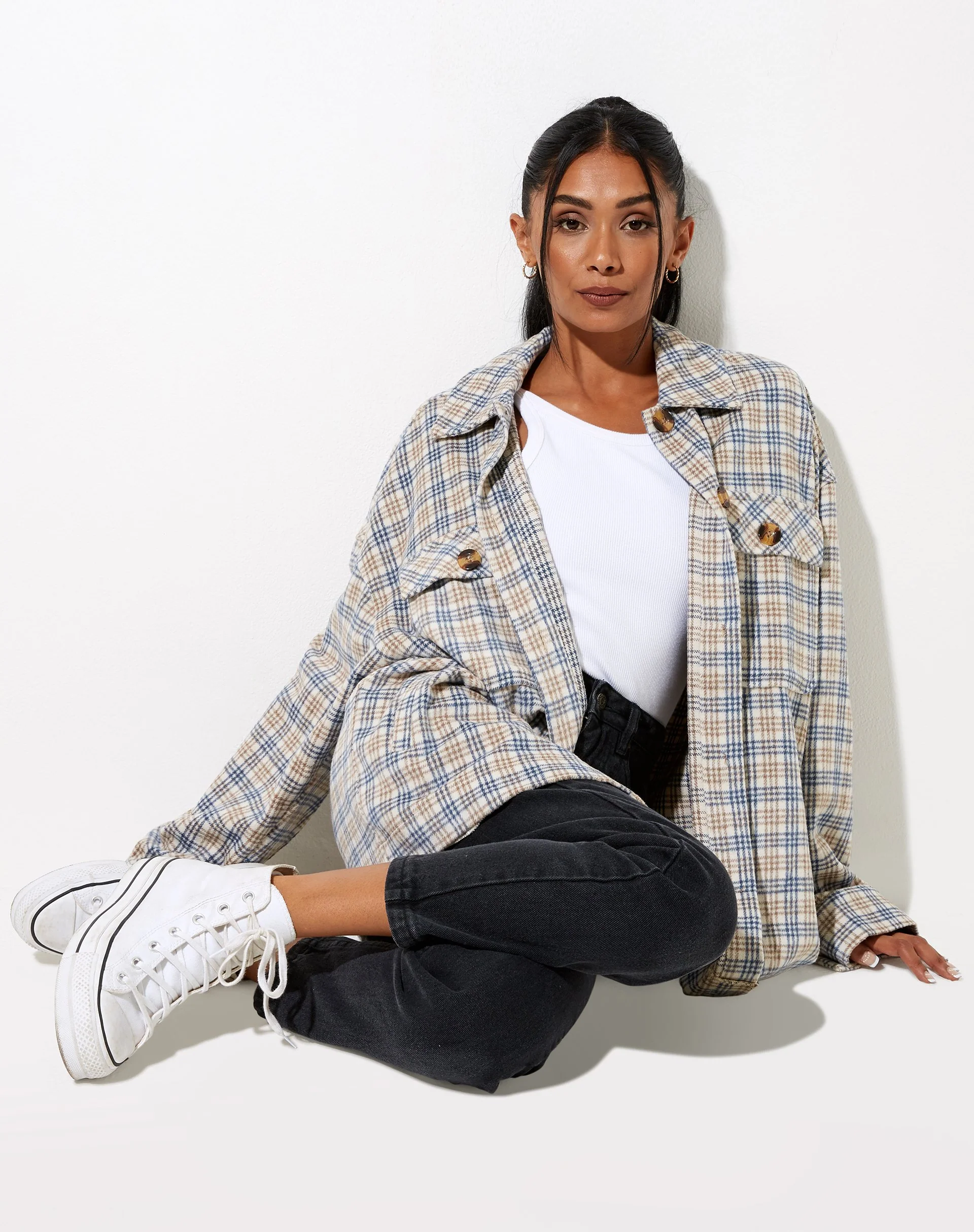 Marcel Shirt in Small Check White Blue Tan - Image 4