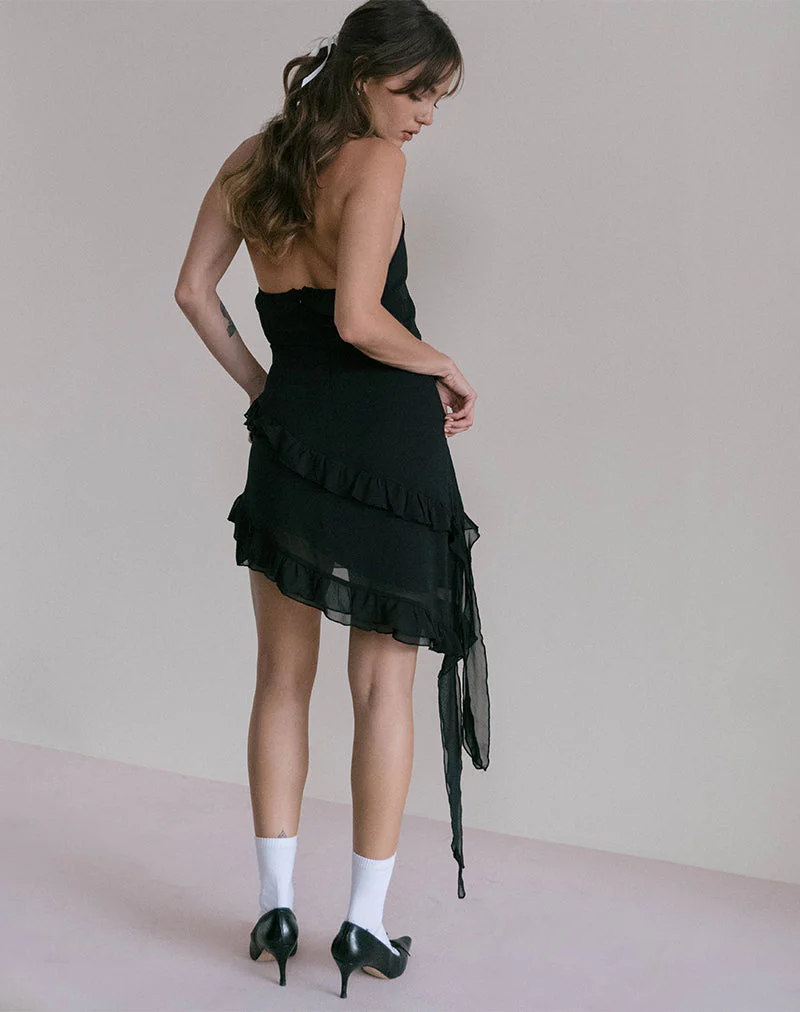 Margaret Ruffle Mini Dress in Black Chiffon with Rosette - Image 2