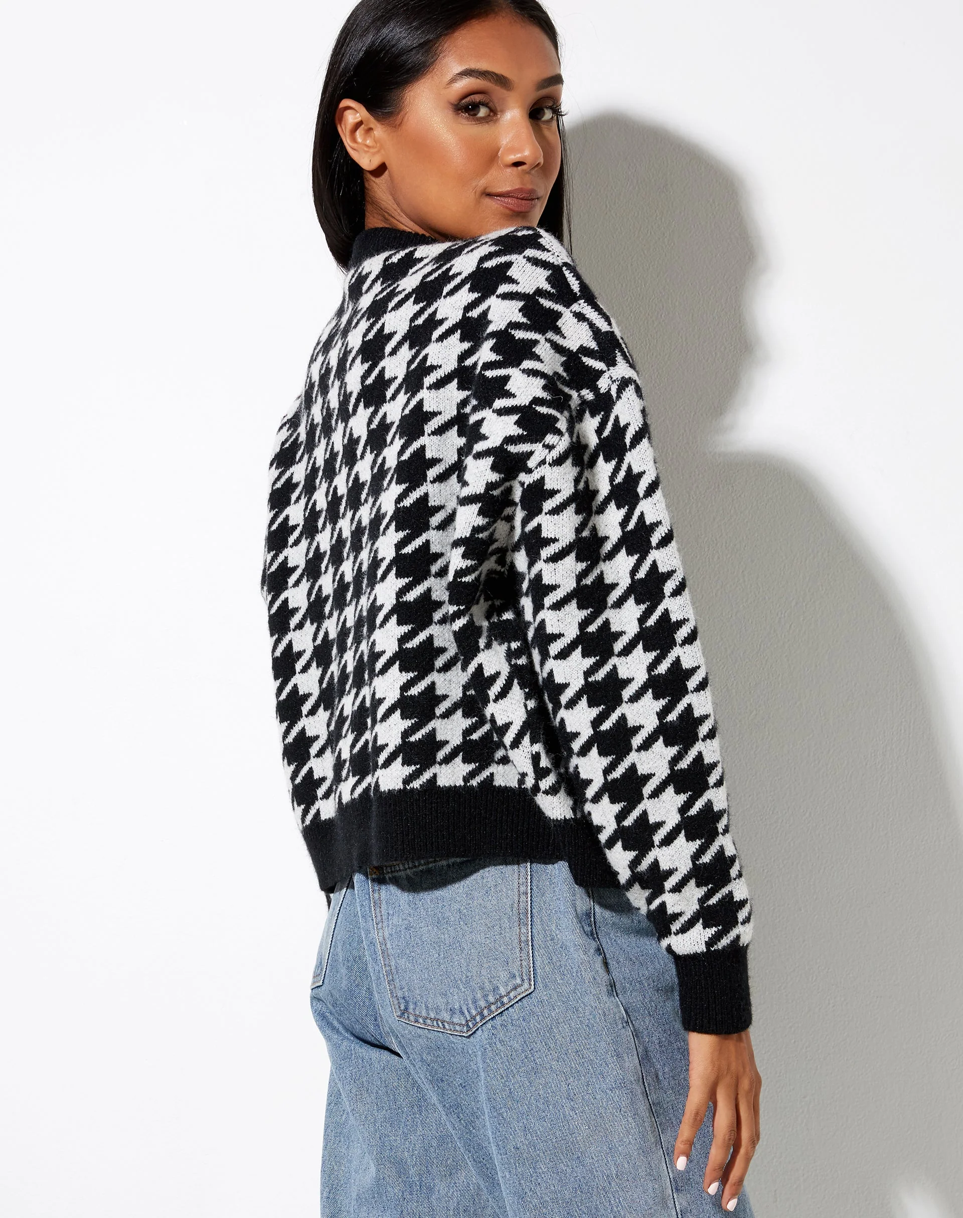 Margo Jumper in Knit Houndstooth Black and Ivory - Image 2